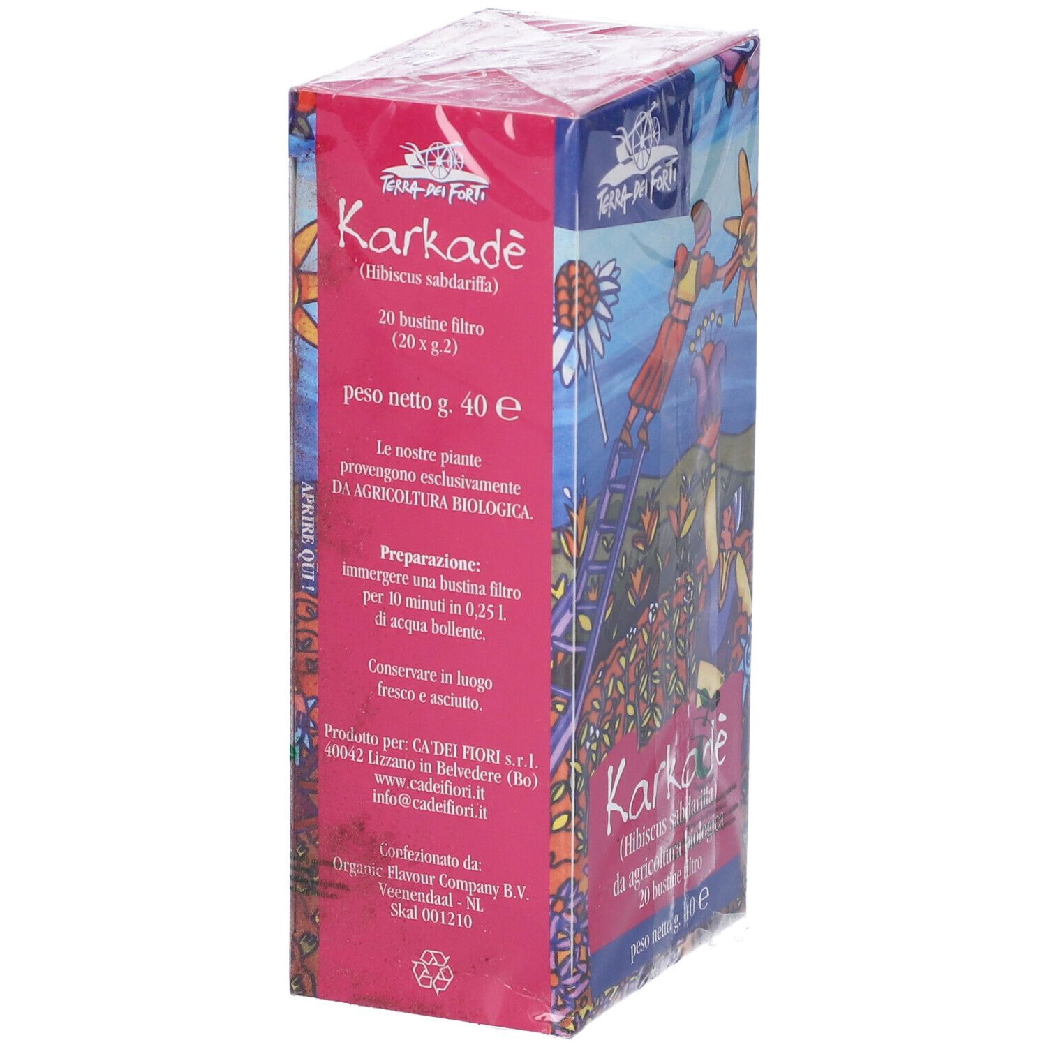 Scatola di Karkade 20Bustine 2G. Confezione rosa-blu con informazioni. Sigillo biologico. Vista obliqua.