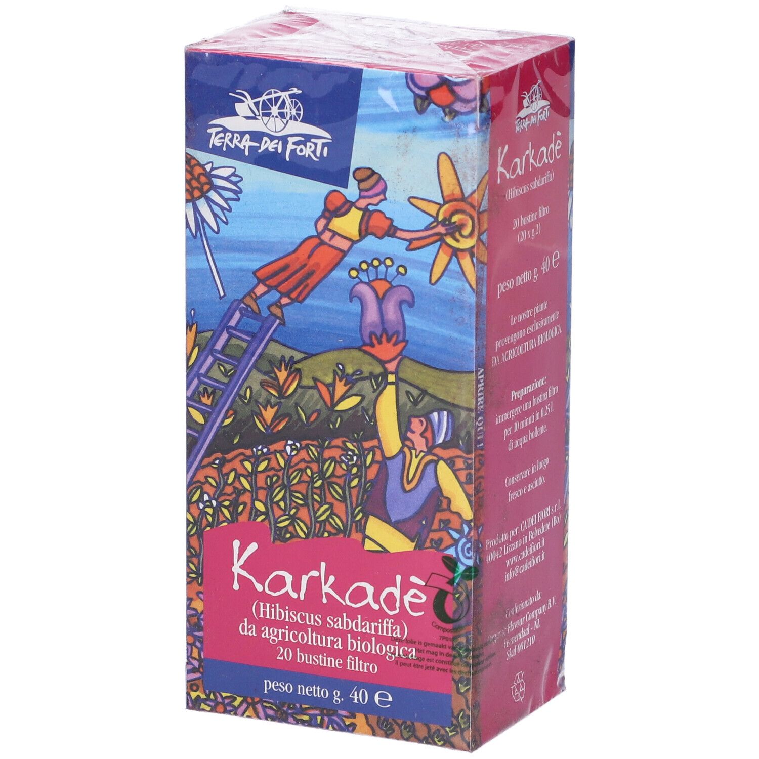 Scatola di Karkade 20Bustine 2G. Confezione rosa-blu con informazioni. Vista obliqua.