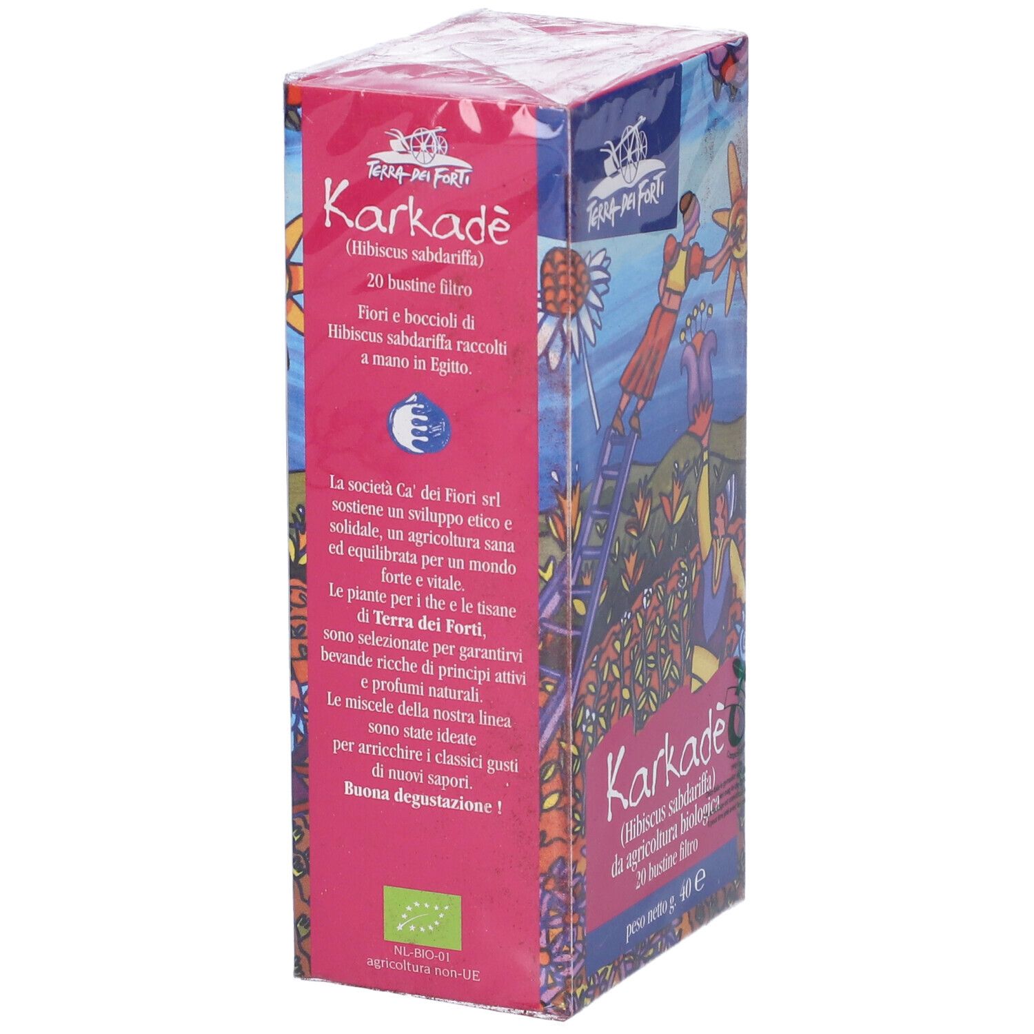 Scatola di Karkade 20Bustine 2G. Confezione rosa-blu con informazioni. Vista obliqua.