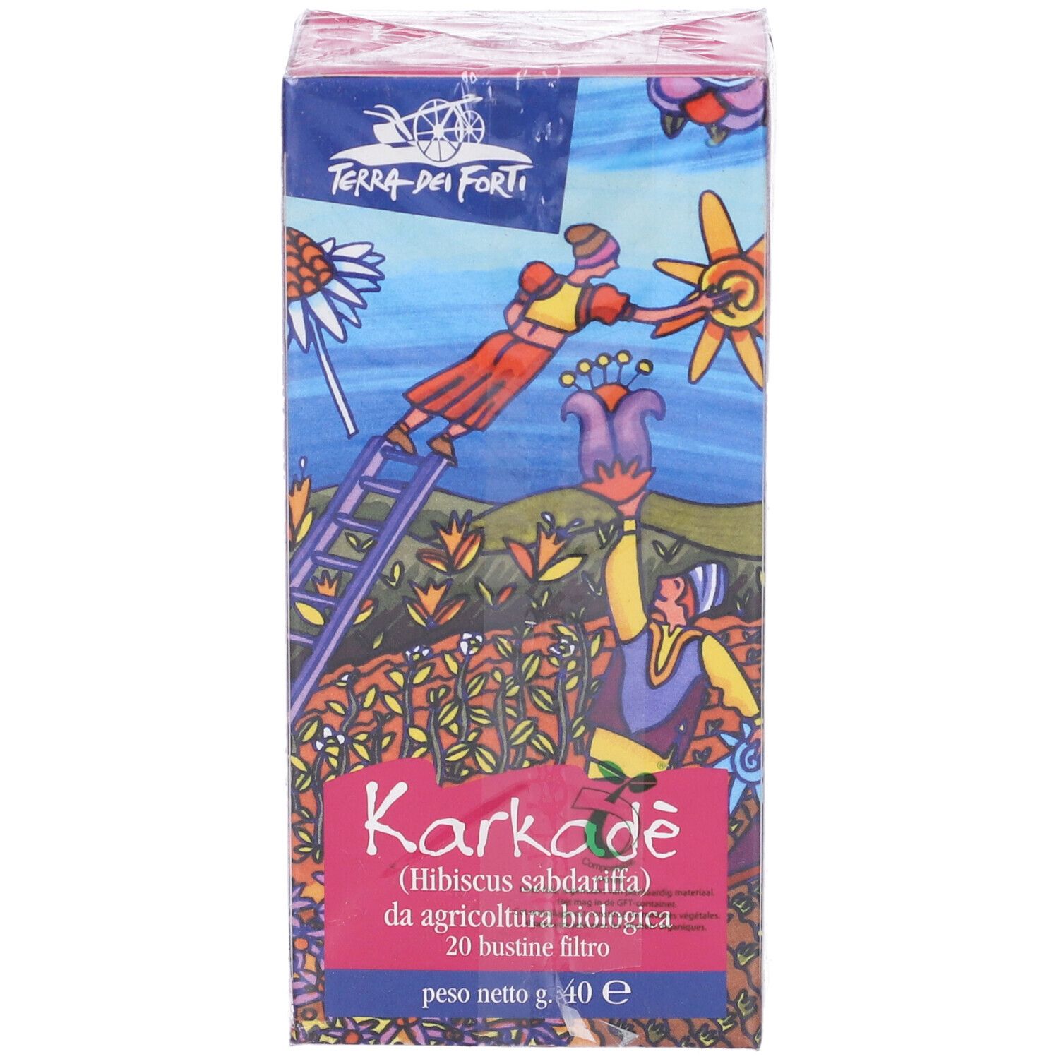 Scatola di Karkade 20Bustine 2G. Confezione rosa-blu con informazioni. Vista obliqua.