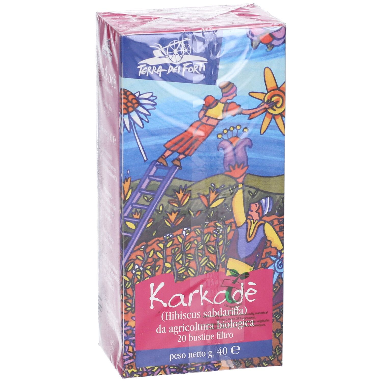 Scatola di Karkade 20Bustine 2G. Confezione rosa-blu con informazioni. Vista obliqua.