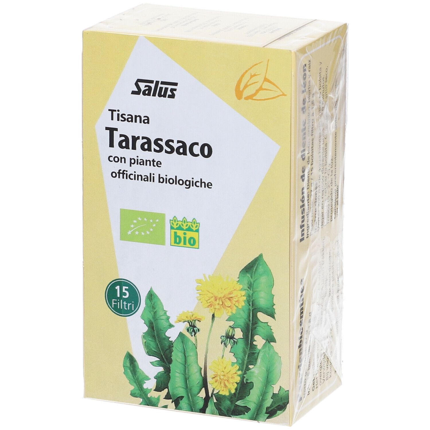 Scatola gialla Salus Tisana Tarassaco. Immagine piante, marchio bio e 15 filtri.