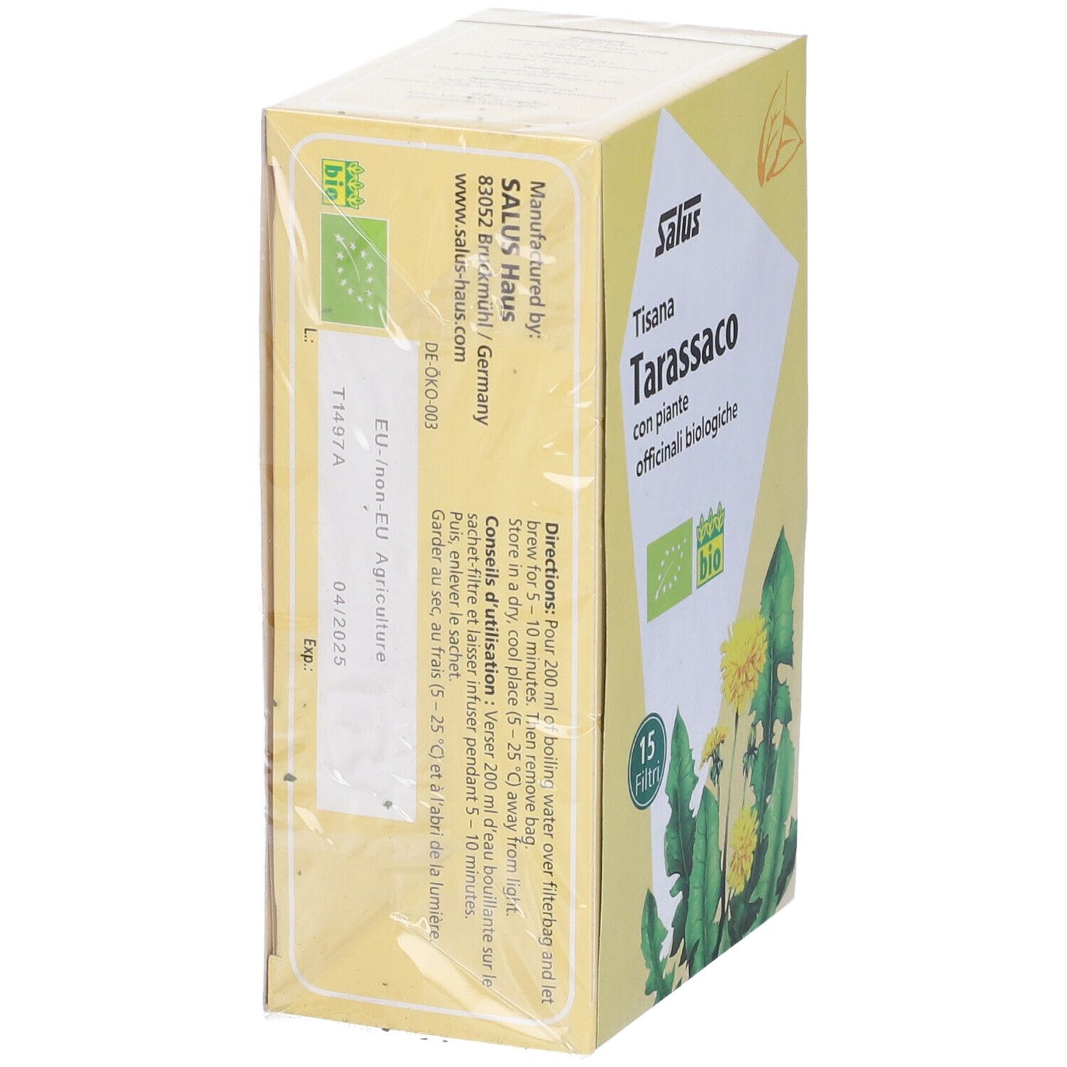 Scatola gialla Salus Tisana Tarassaco. Retro con testo e marchio bio. 15 filtri.