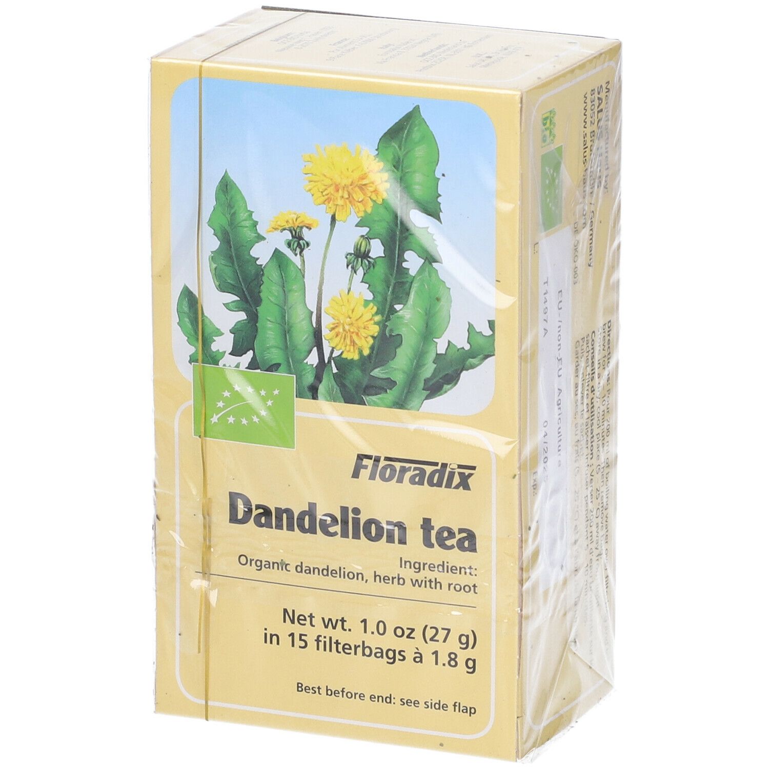 Scatola gialla Floradix Dandelion tea. Immagine piante e testo. 15 filtri.