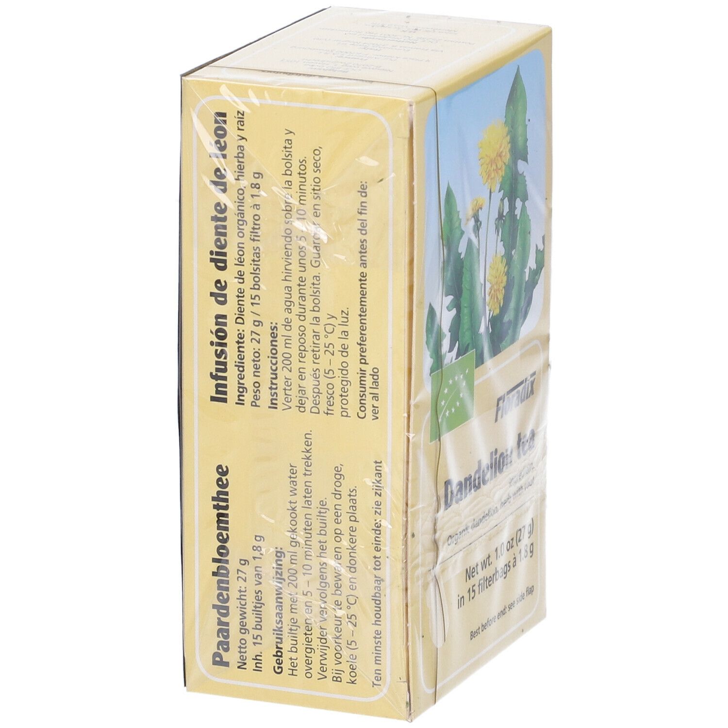 Scatola gialla Floradix Dandelion tea. Retro con testo. 15 filtri.