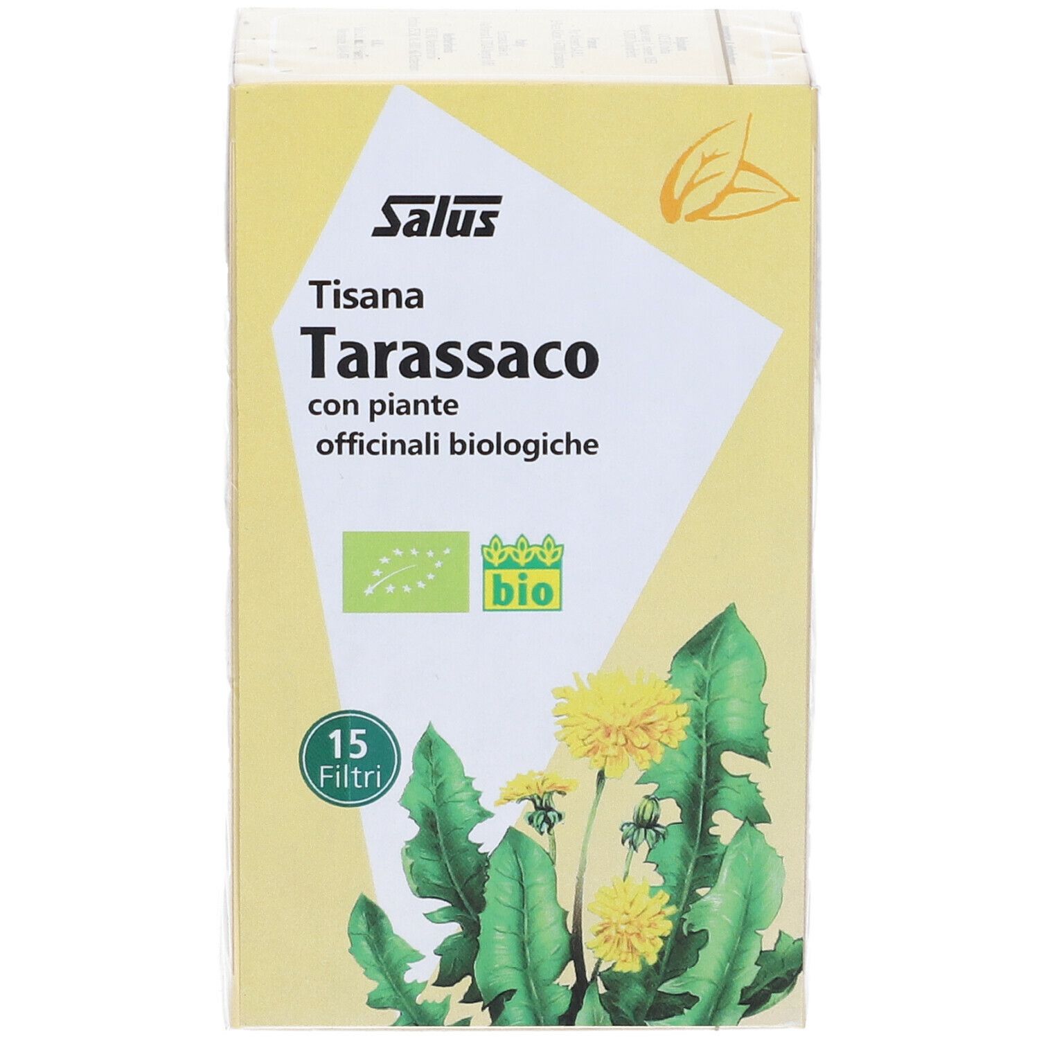 Scatola gialla Salus Tisana Tarassaco. Immagine piante, marchio bio e 15 filtri.