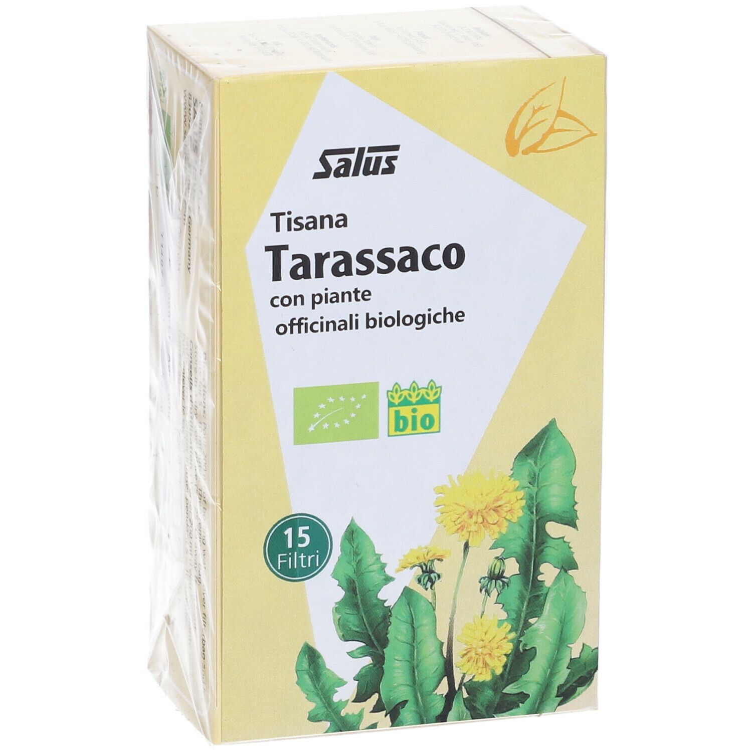 Scatola gialla Salus Tisana Tarassaco. Immagine piante, marchio bio e 15 filtri.