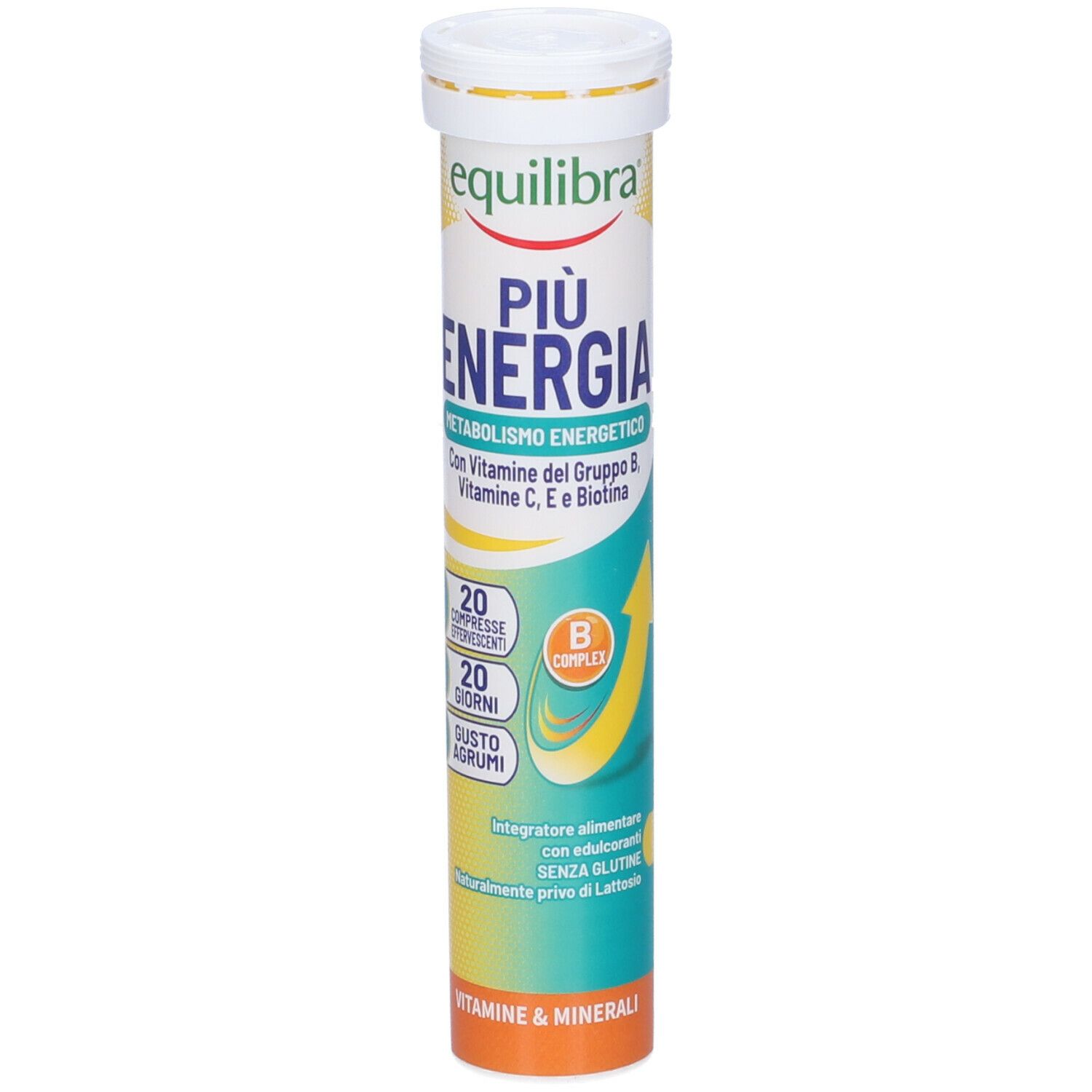 Confezione cilindrica "Equilibra Più Energia". Contiene 20 compresse effervescenti. Vitamine B, C, E e biotina.