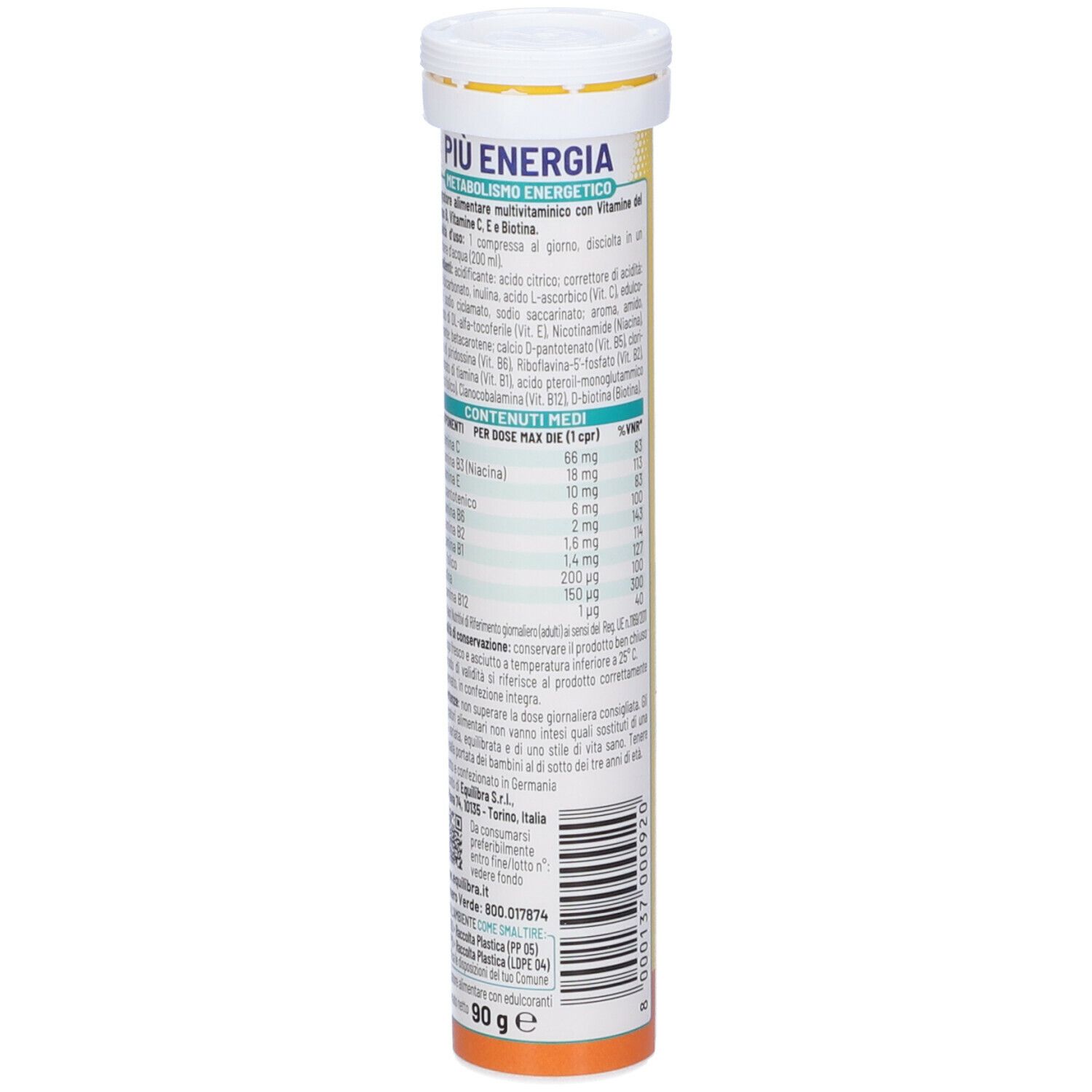 Confezione cilindrica "Equilibra Più Energia". Ingredienti e tabella nutrizionale. 80g.