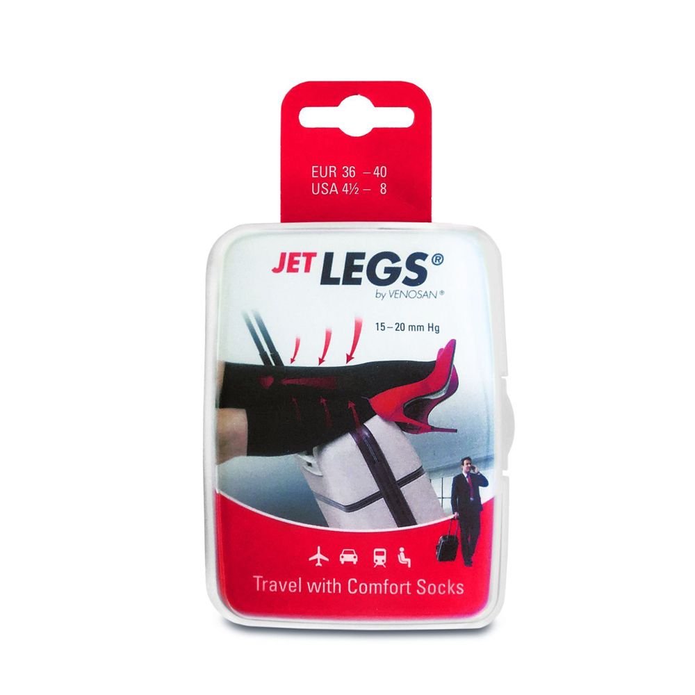 Confezione calza a compressione nera. Taglie: EUR 36-40, USA 4 1/2 - 8. Scritta: JET LEGS by Venosan, 15-20 mmHg.