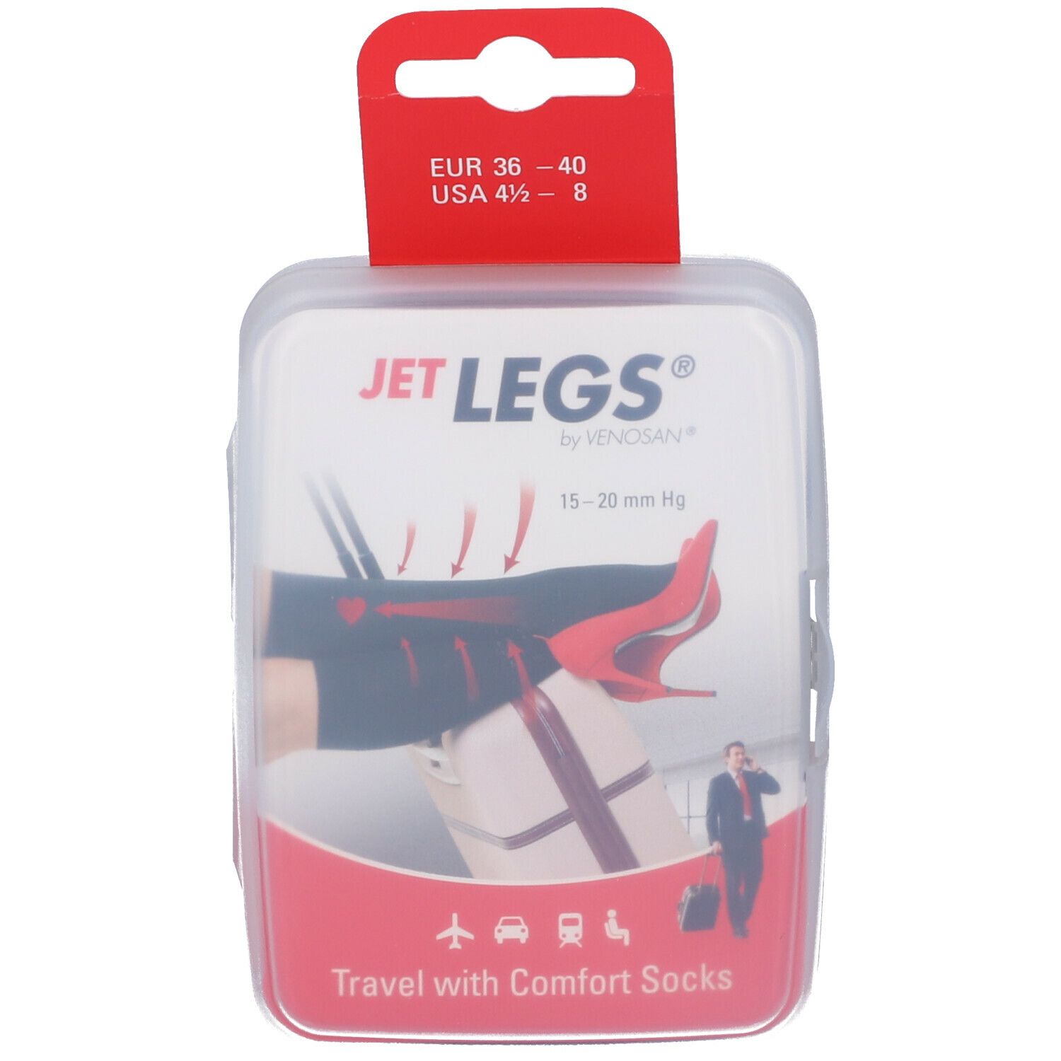 Confezione calza a compressione nera. Taglie: EUR 36-40, USA 4 1/2 - 8. Scritta: JET LEGS by Venosan, 15-20 mmHg.
