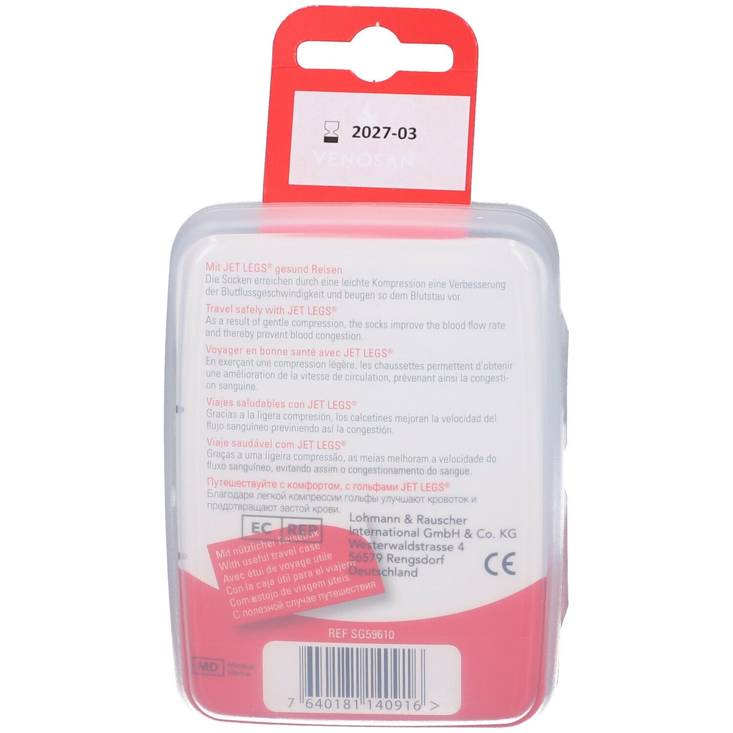 Retro della confezione. Testo multilingue. Scritta: MY JET LEGS, marchio CE, informazioni produttore, numero REF e codice a barre.