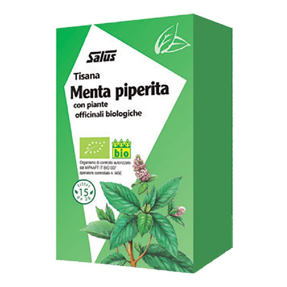 Scatola verde Salus Tisana Menta piperita. Certificazione bio. Illustrazione di menta piperita. 15 filtri.
