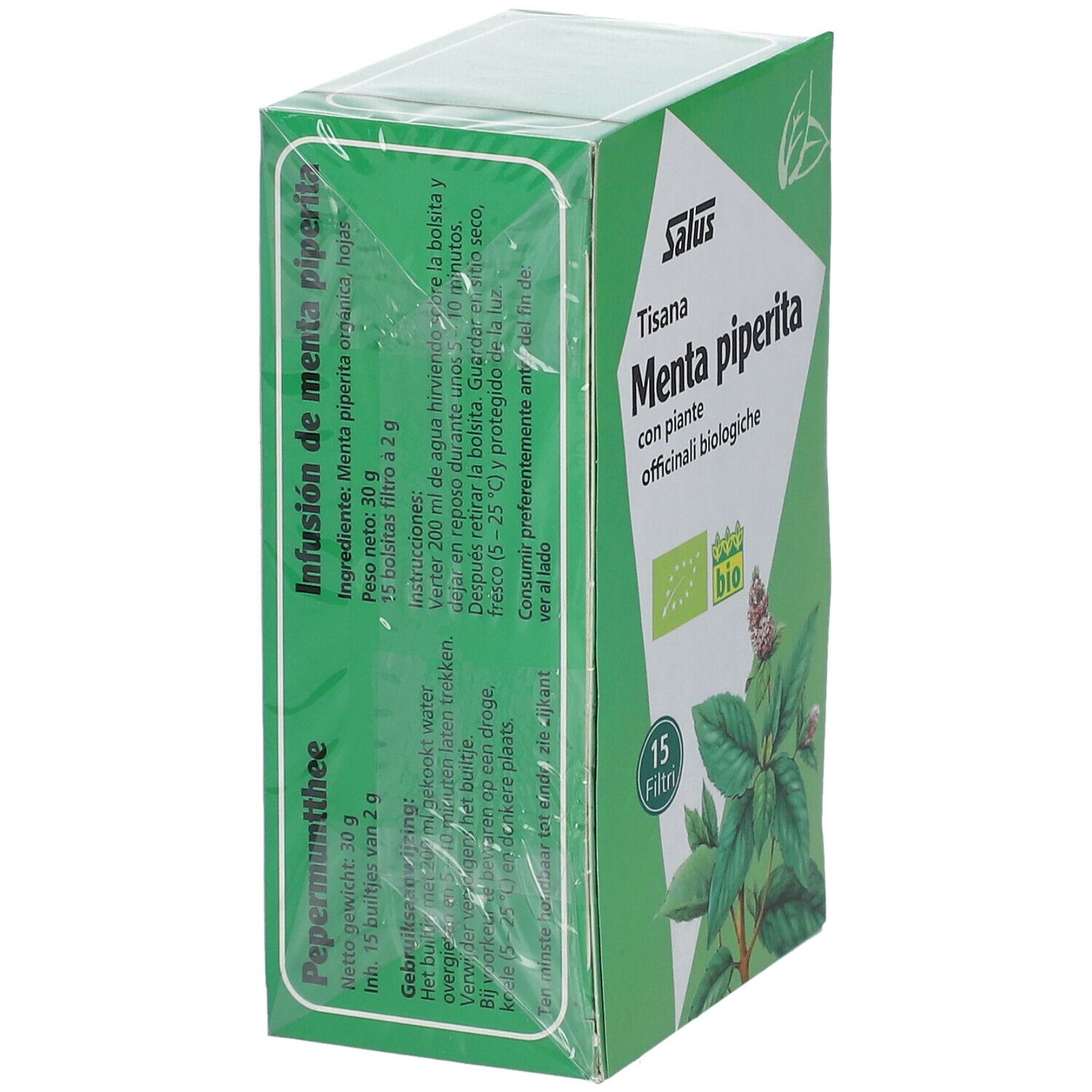 Scatola verde confezionata Salus Tisana Menta piperita. Certificazione bio. Menta piperita. 15 filtri.