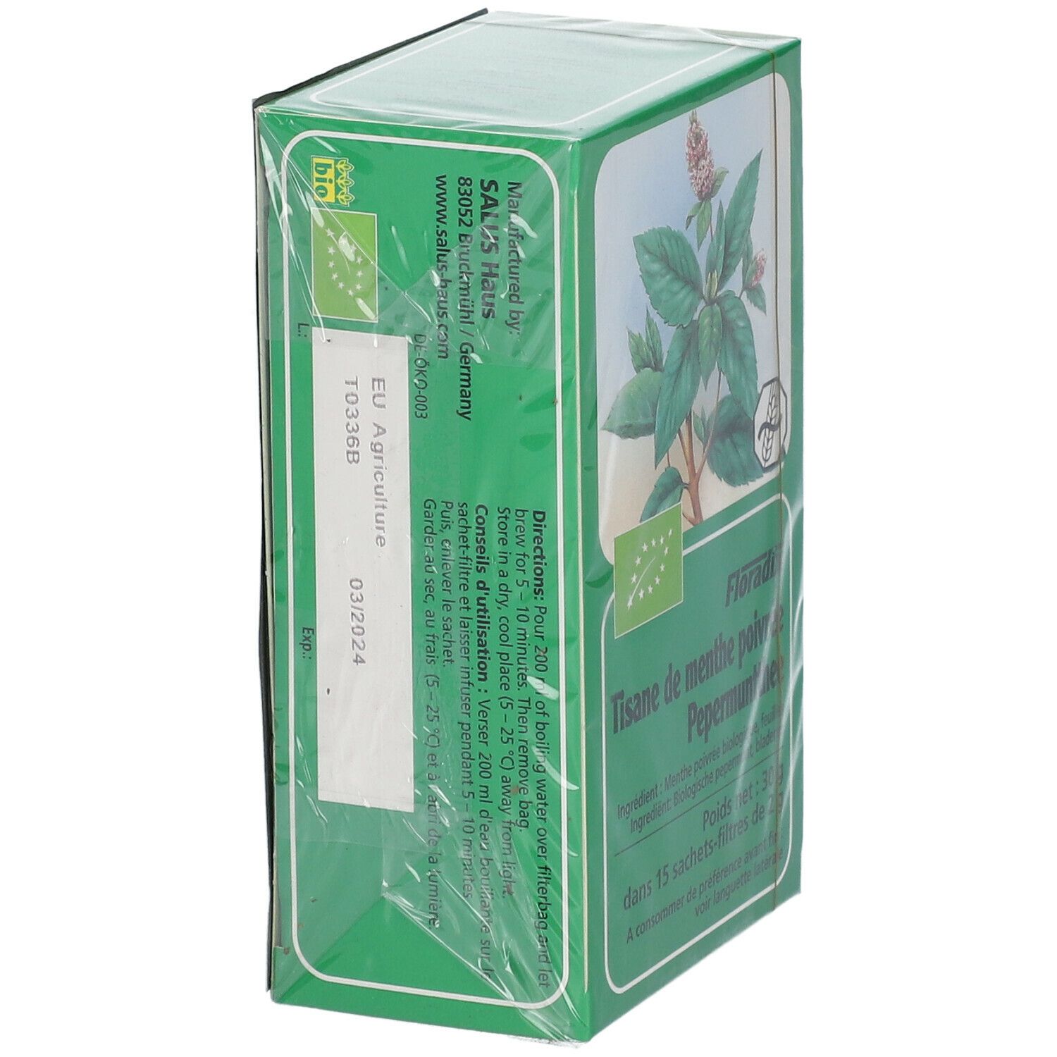 Scatola verde confezionata con testo. Floradix Tisane de menthe poivrée. Certificazione bio. 15 bustine.