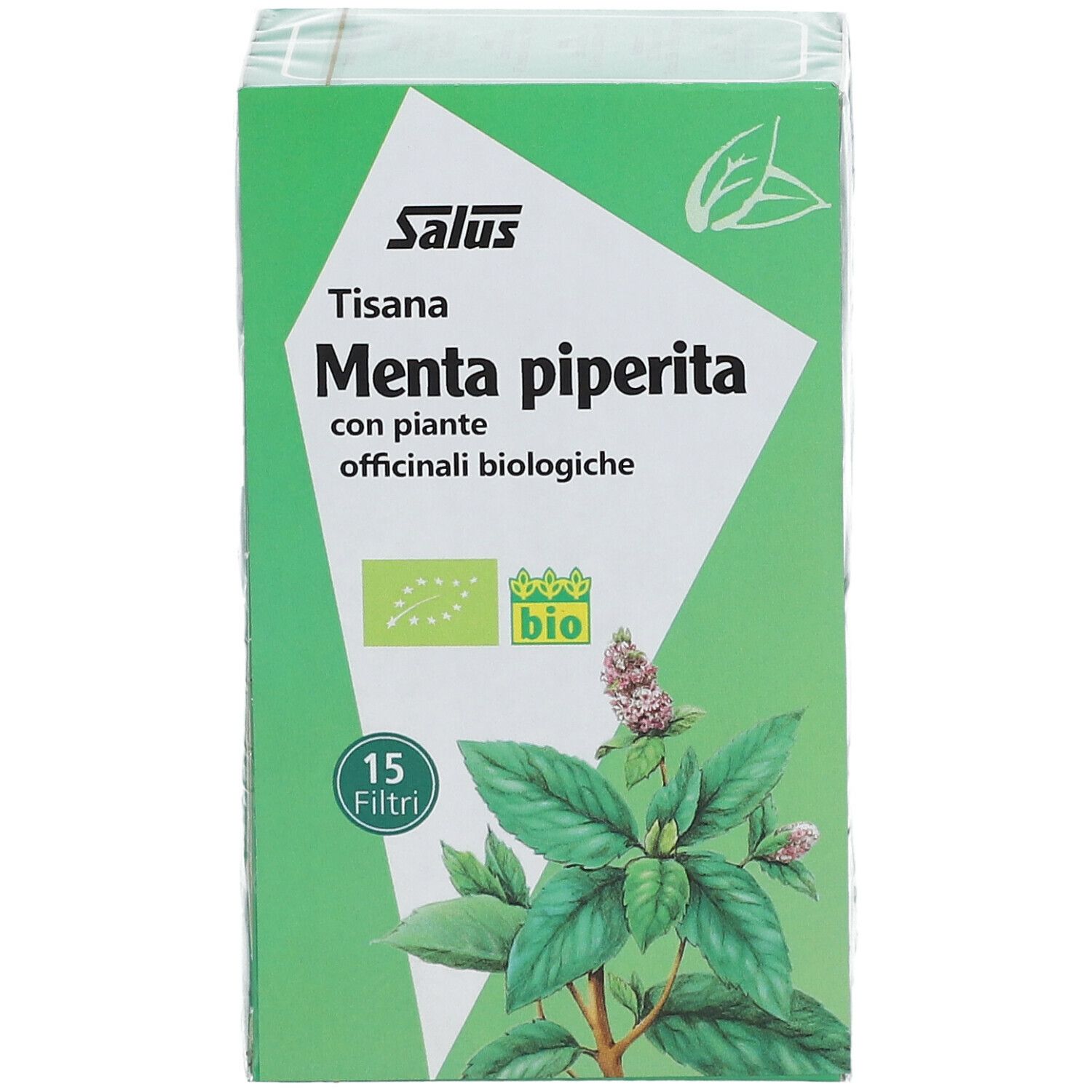 Scatola verde confezionata con testo. Salus Tisana Menta piperita. Certificazione bio. Menta piperita. 15 filtri.