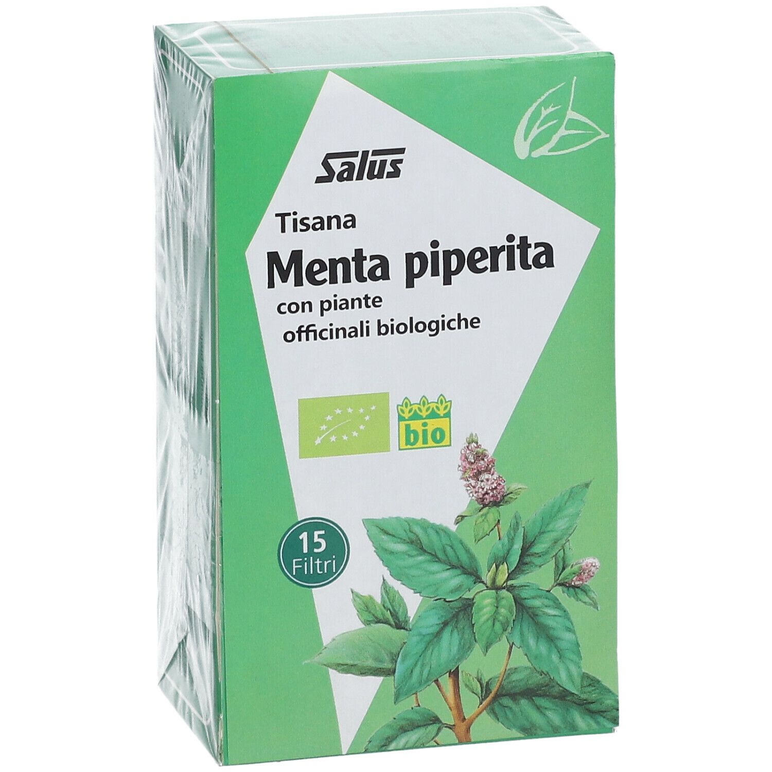 Scatola verde confezionata Salus Tisana Menta piperita. Certificazione bio. Menta piperita. 15 filtri.