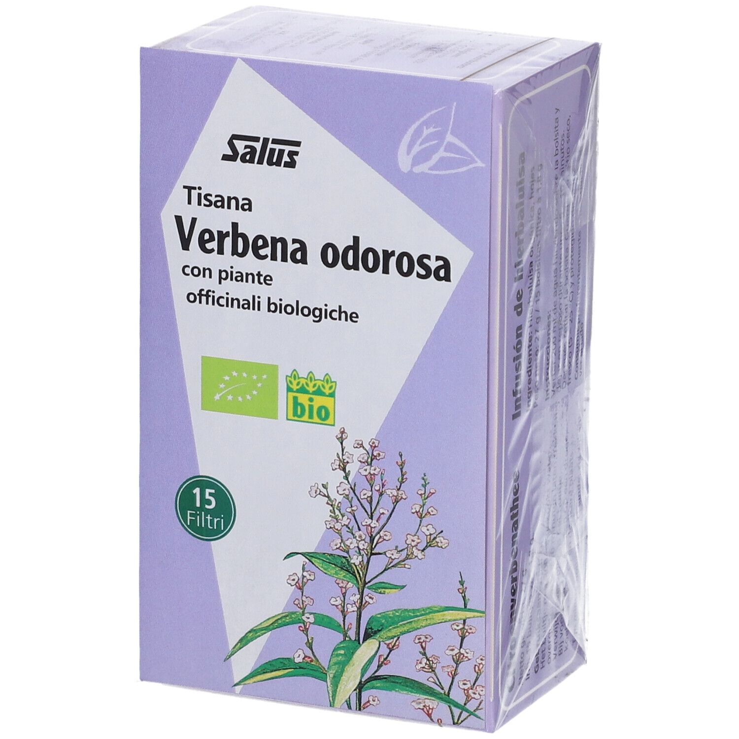 Confezione di Salsu Tisana Verbena. Scritto: 'Verbena odorosa', 'bio'. 15 filtri.