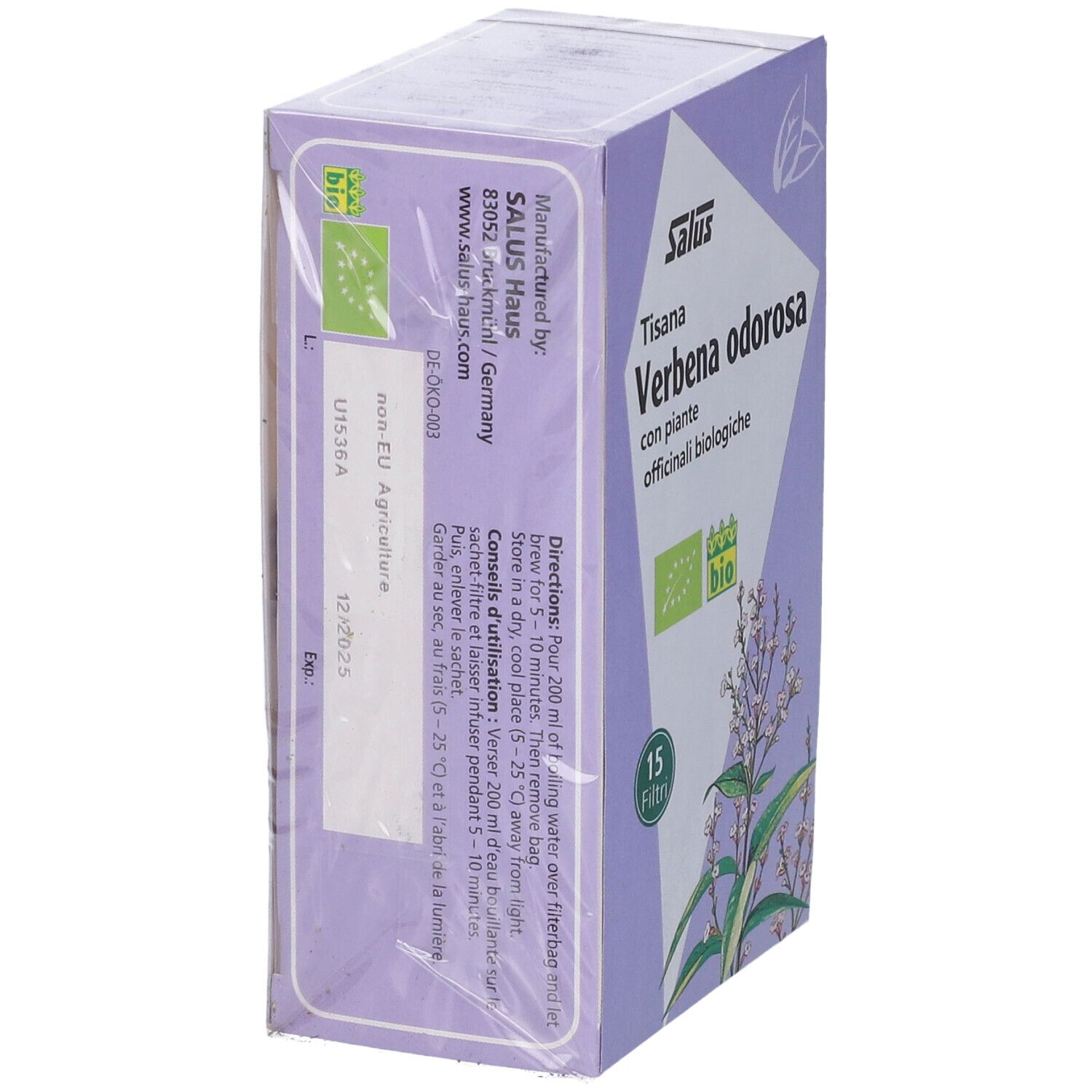 Confezione di Salsu Tisana Verbena. Scritto: 'Verbena odorosa', 'bio'. Retro con istruzioni.