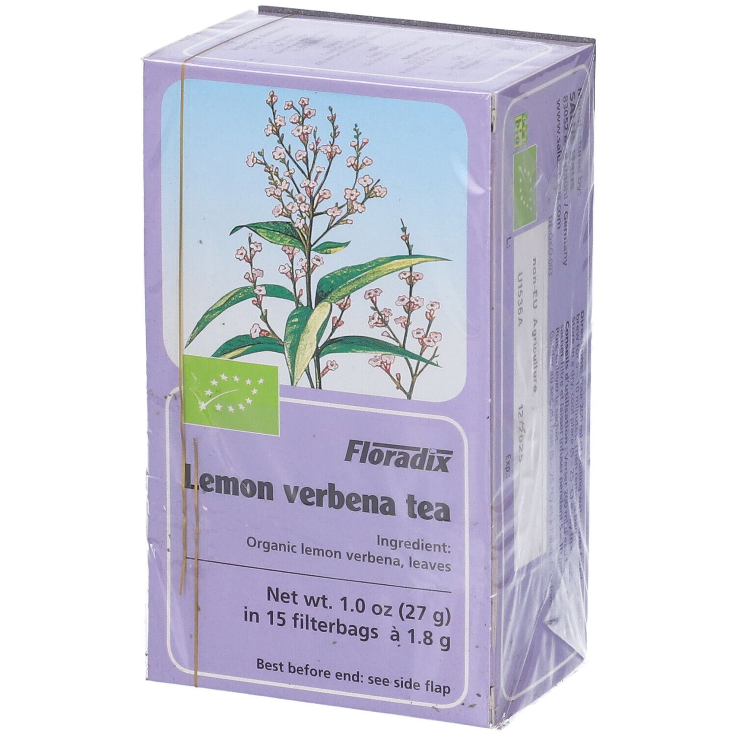 Confezione di Floradix Lemon verbena tea. Scritto: 'Lemon verbena tea', 'bio'. 15 filtri.