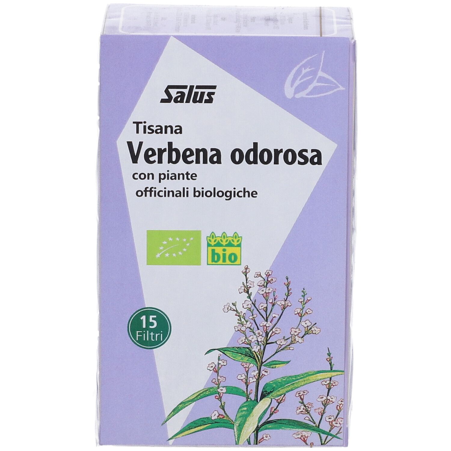 Confezione di Salsu Tisana Verbena. Scritto: 'Verbena odorosa', 'bio'. 15 filtri.