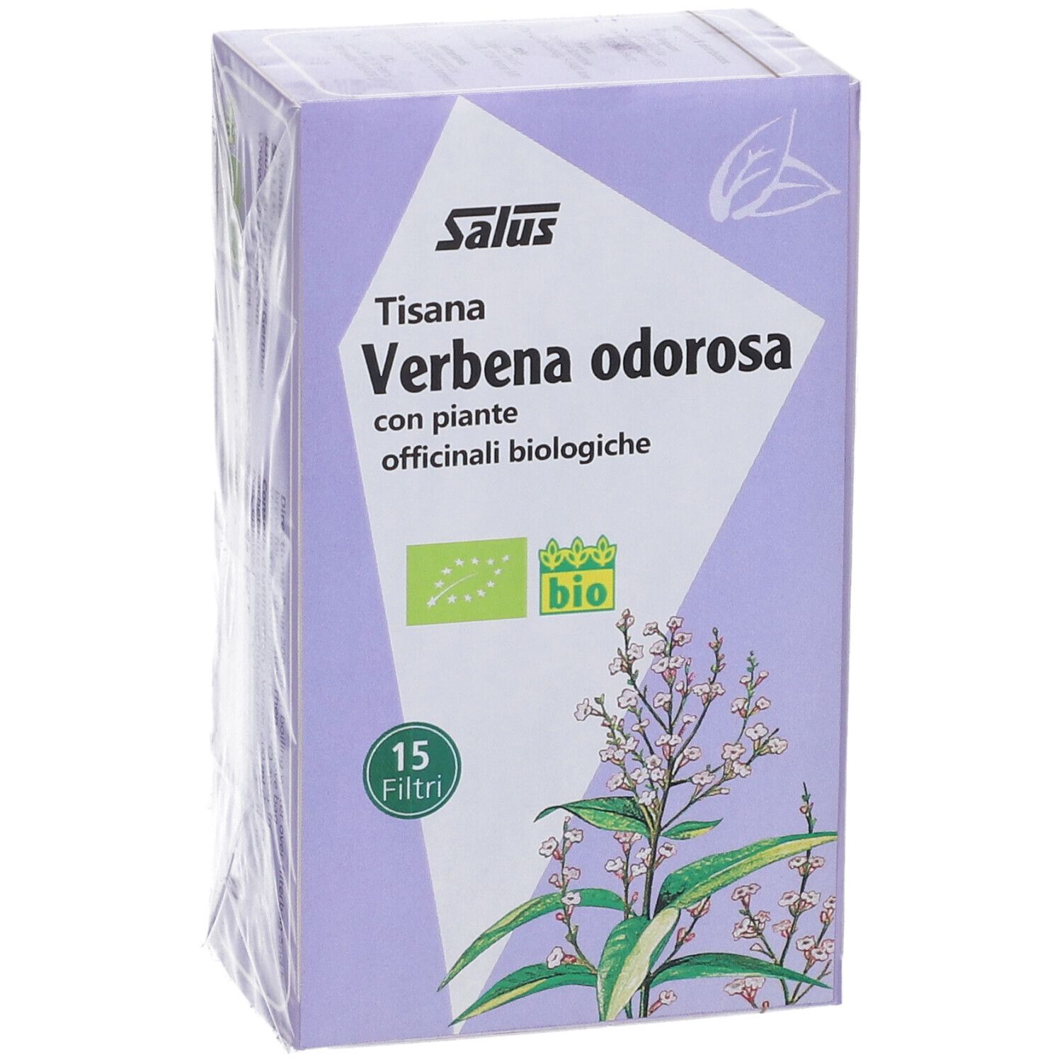 Confezione di Salsu Tisana Verbena. Scritto: 'Verbena odorosa', 'bio'. 15 filtri.