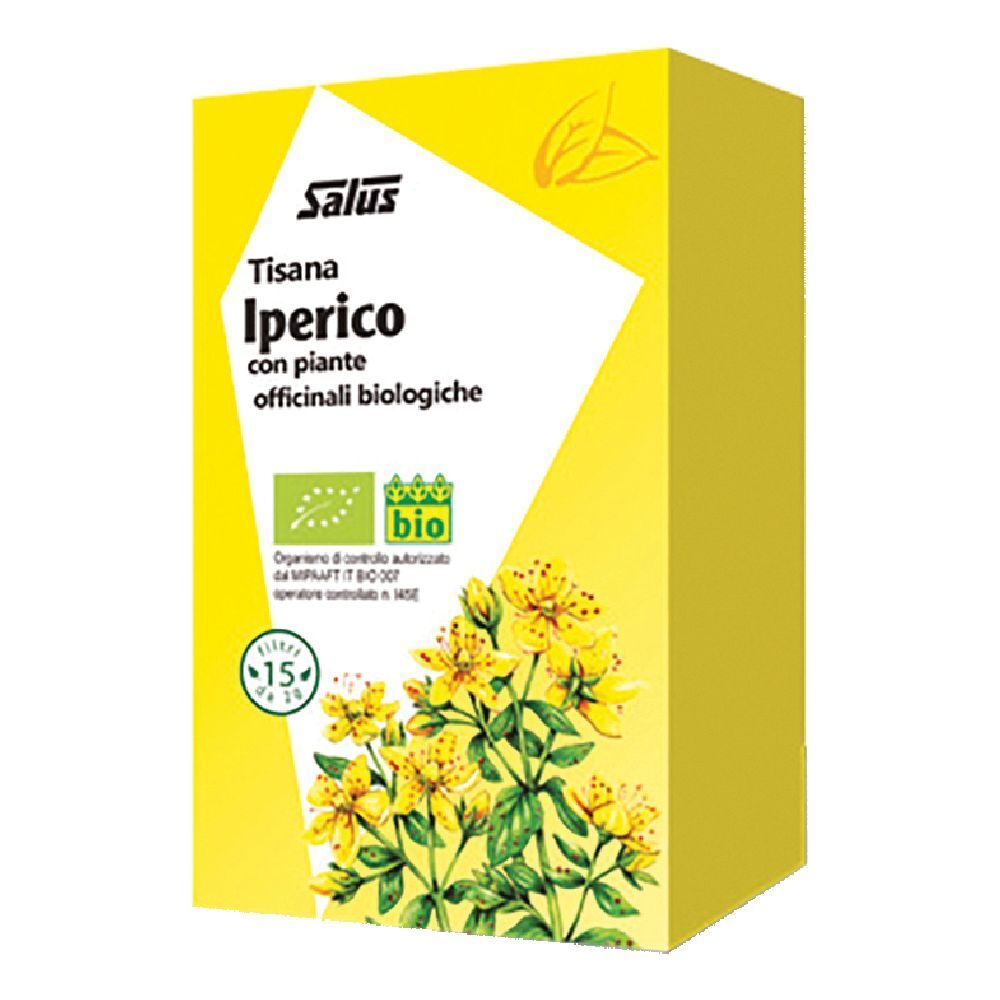 Scatola gialla Salus Tisana Iperico. Testo e marchio bio. Illustrazione di fiori gialli.