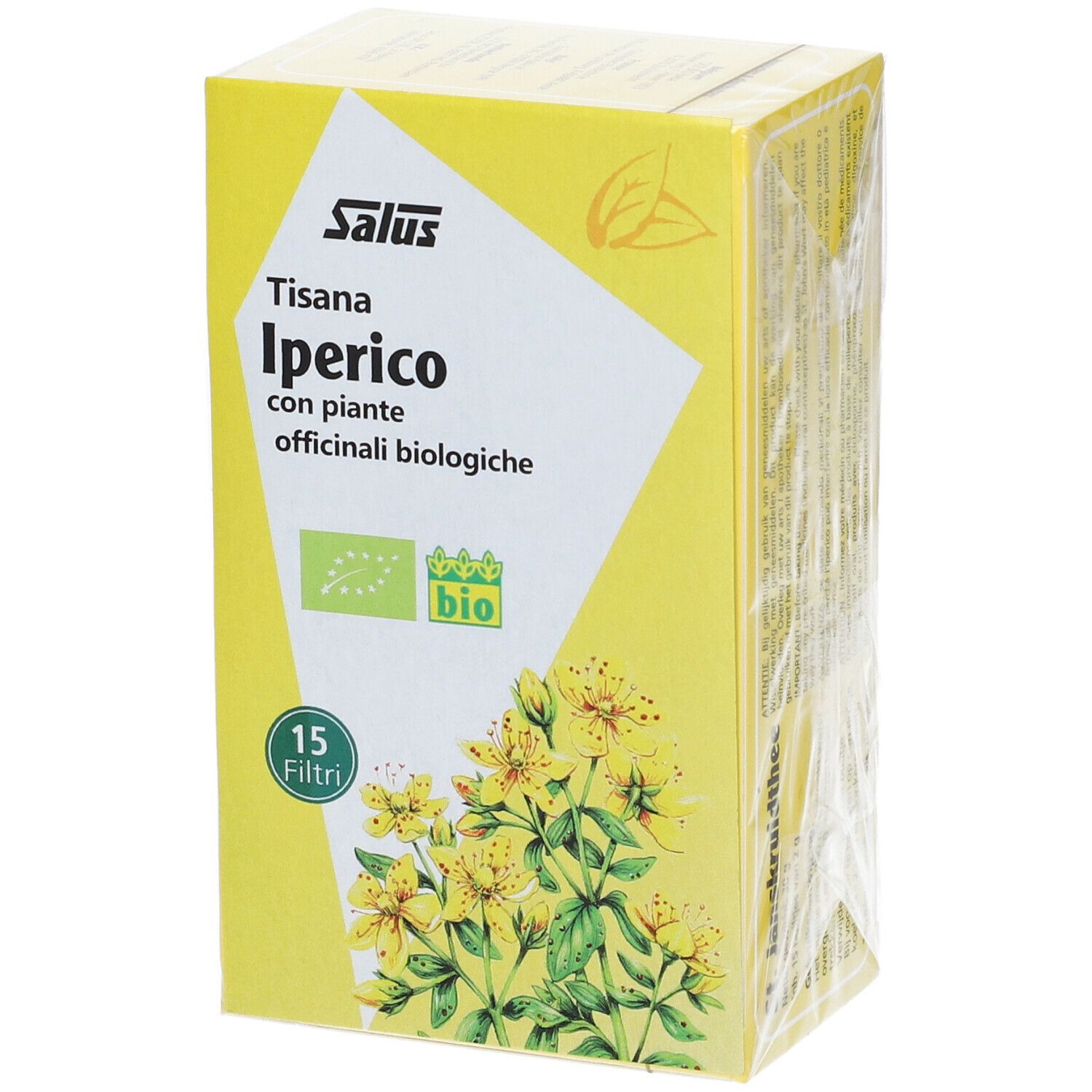 Scatola gialla confezionata Salus Tisana Iperico. Testo e marchio bio. Fiori gialli.