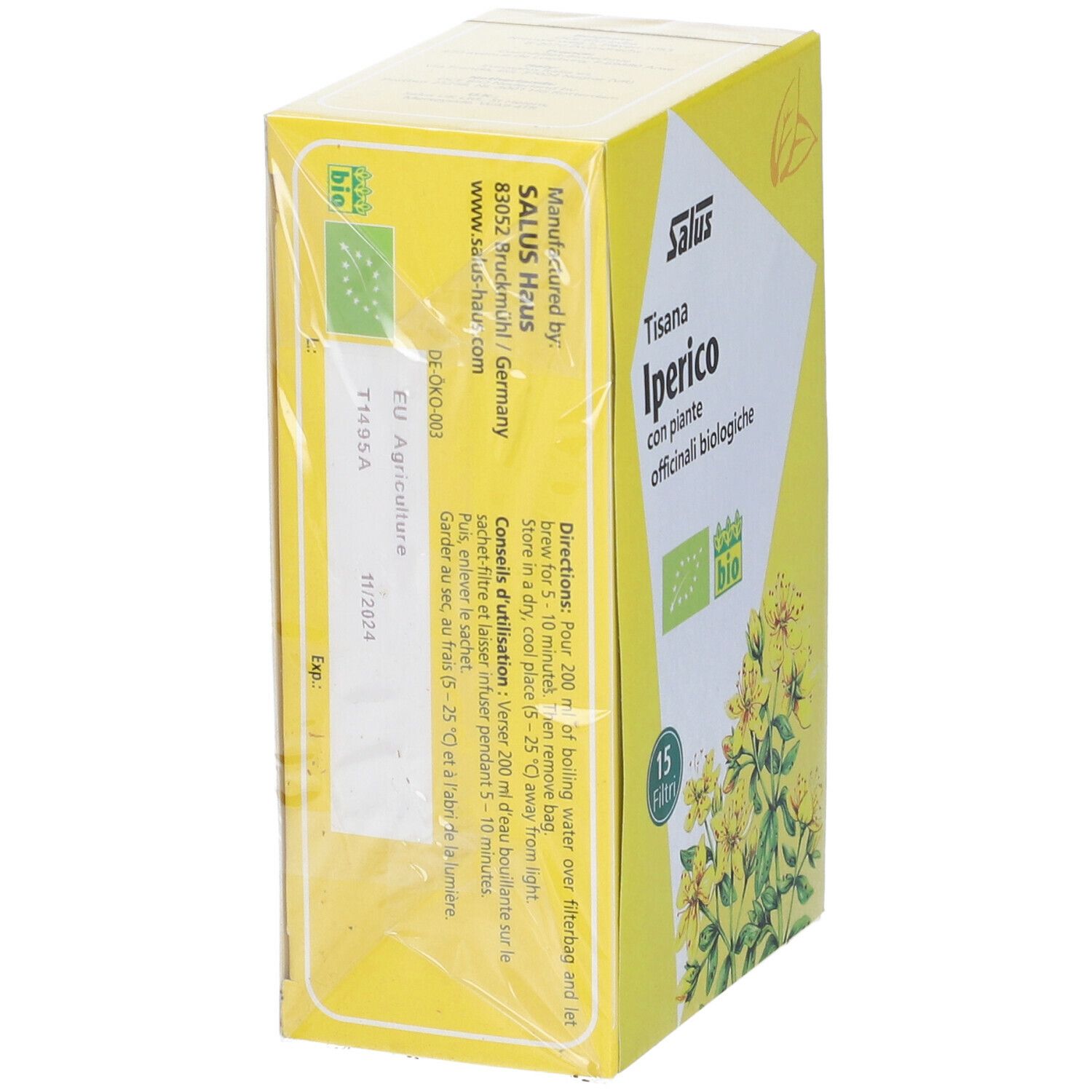 Scatola gialla confezionata Salus Tisana Iperico. Testo e marchio bio. Retro con testo.