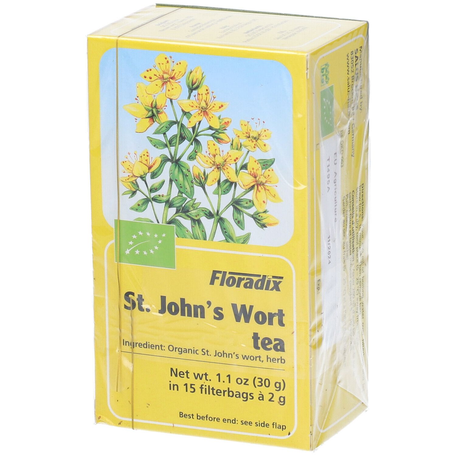 Scatola gialla confezionata Floradix St. John's Wort tea. Testo e marchio bio. Fiori gialli.