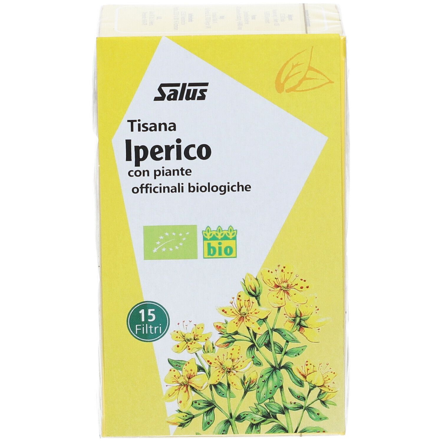 Scatola gialla Salus Tisana Iperico. Testo e marchio bio. Illustrazione di fiori gialli.