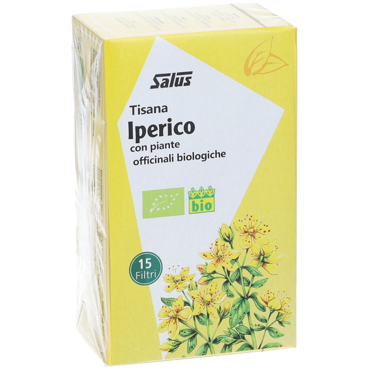 Scatola gialla confezionata Salus Tisana Iperico. Testo e marchio bio. Fiori gialli.