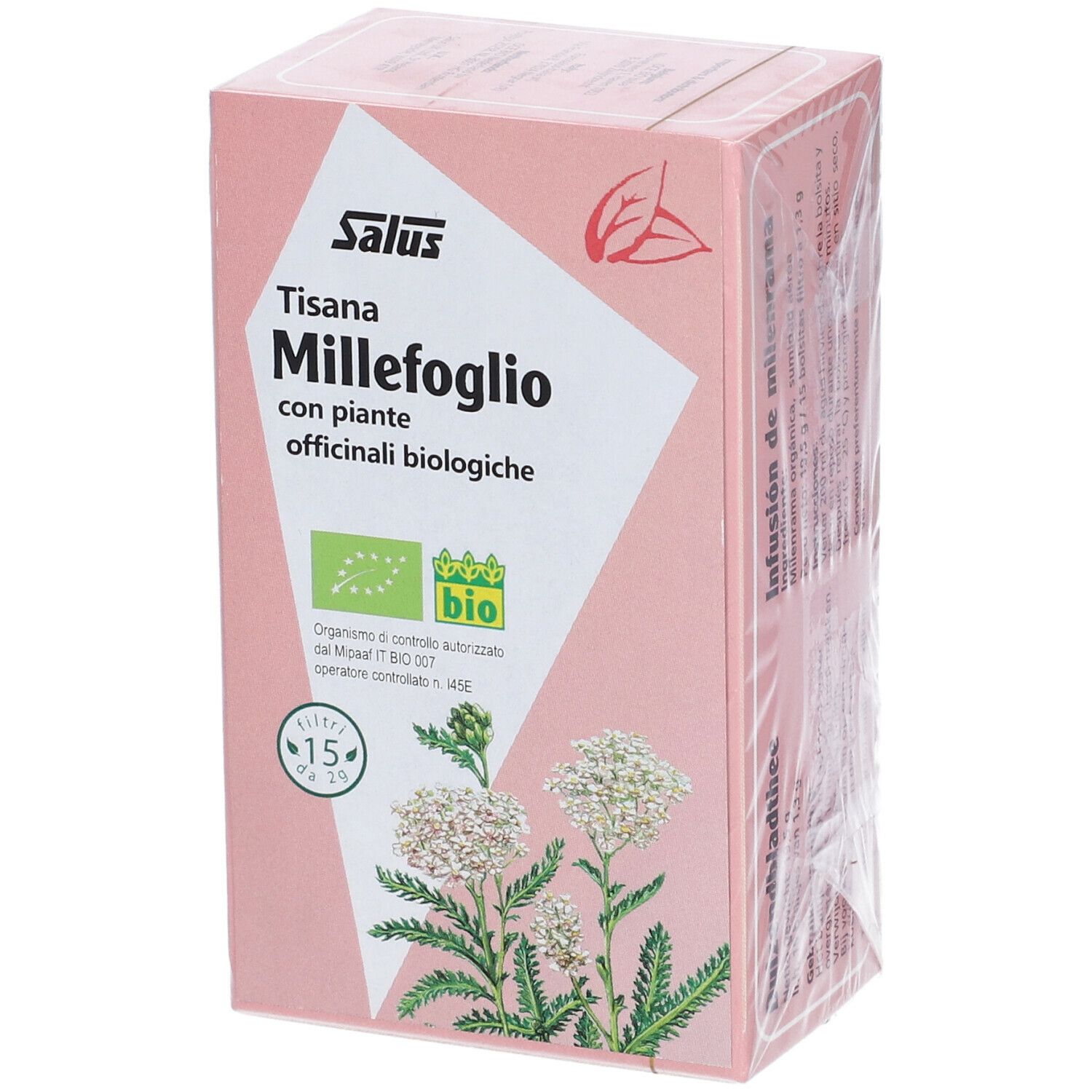 Scatola rosa Salus Tisana Millefoglio. Scritto: con piante officinali biologiche. Certificazione bio. 15 bustine.