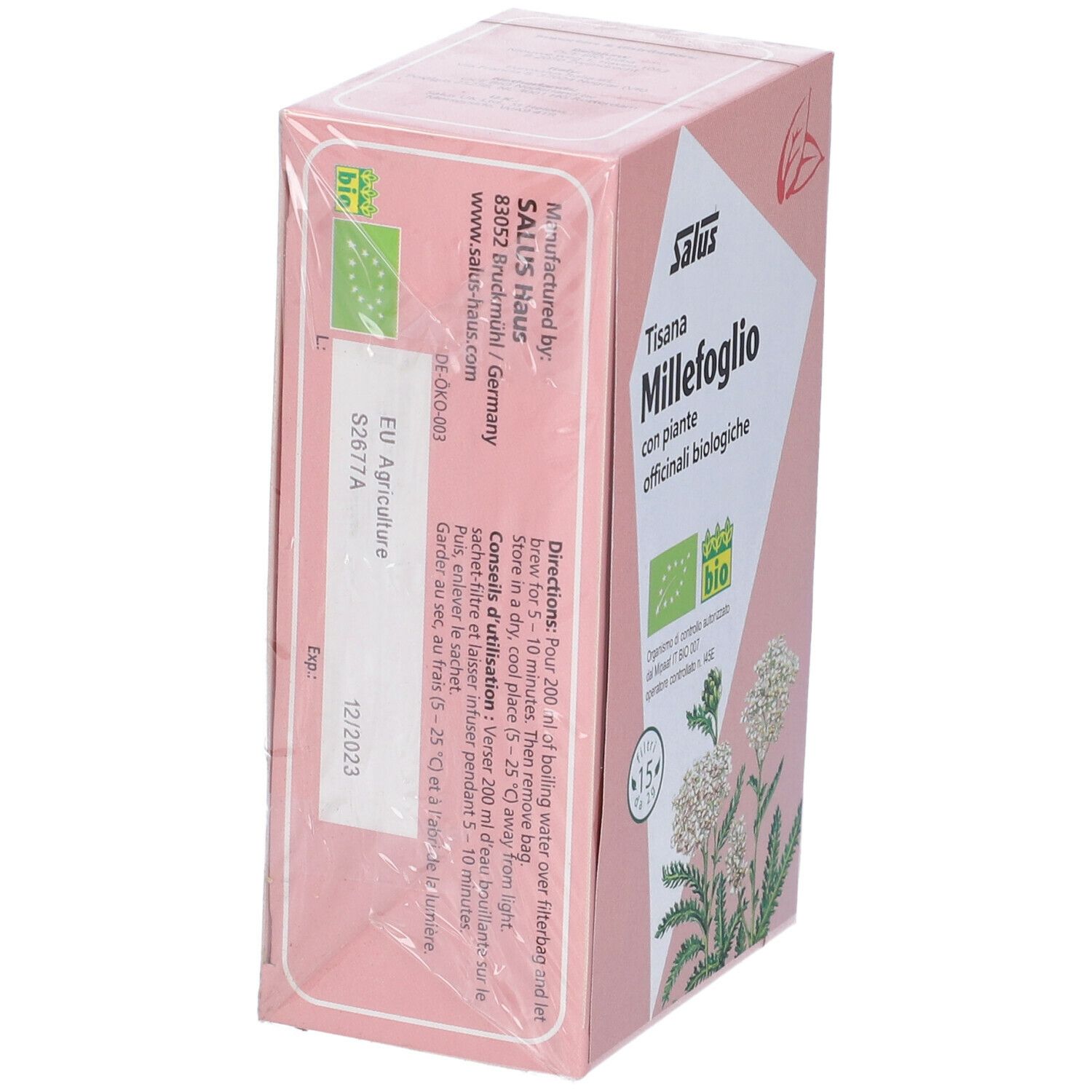 Scatola rosa Salus Tisana Millefoglio. Scritto: con piante officinali biologiche. Certificazione bio. Istruzioni e data di scadenza.