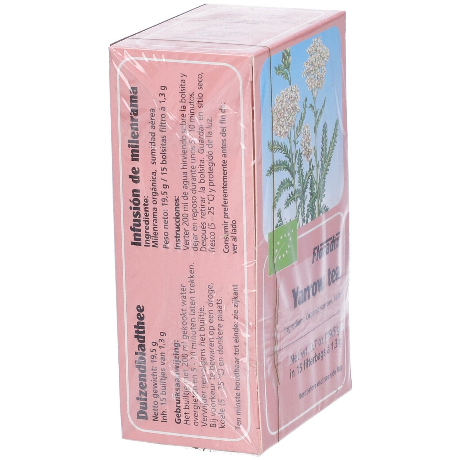 Scatola rosa con scritta: Infusion de milenrama. Floradix Yarrow tea. Certificazione bio. 15 bustine. Peso netto: 19,5 g.