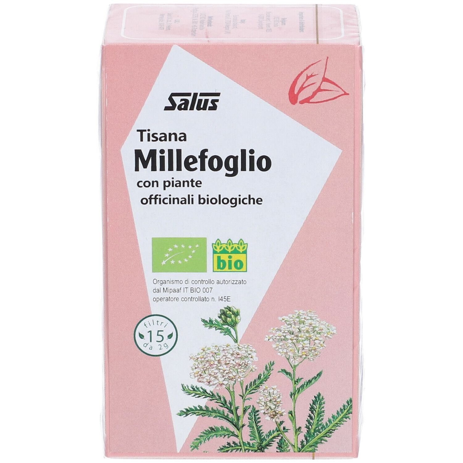 Scatola rosa Salus Tisana Millefoglio. Scritto: con piante officinali biologiche. Certificazione bio. 15 bustine.