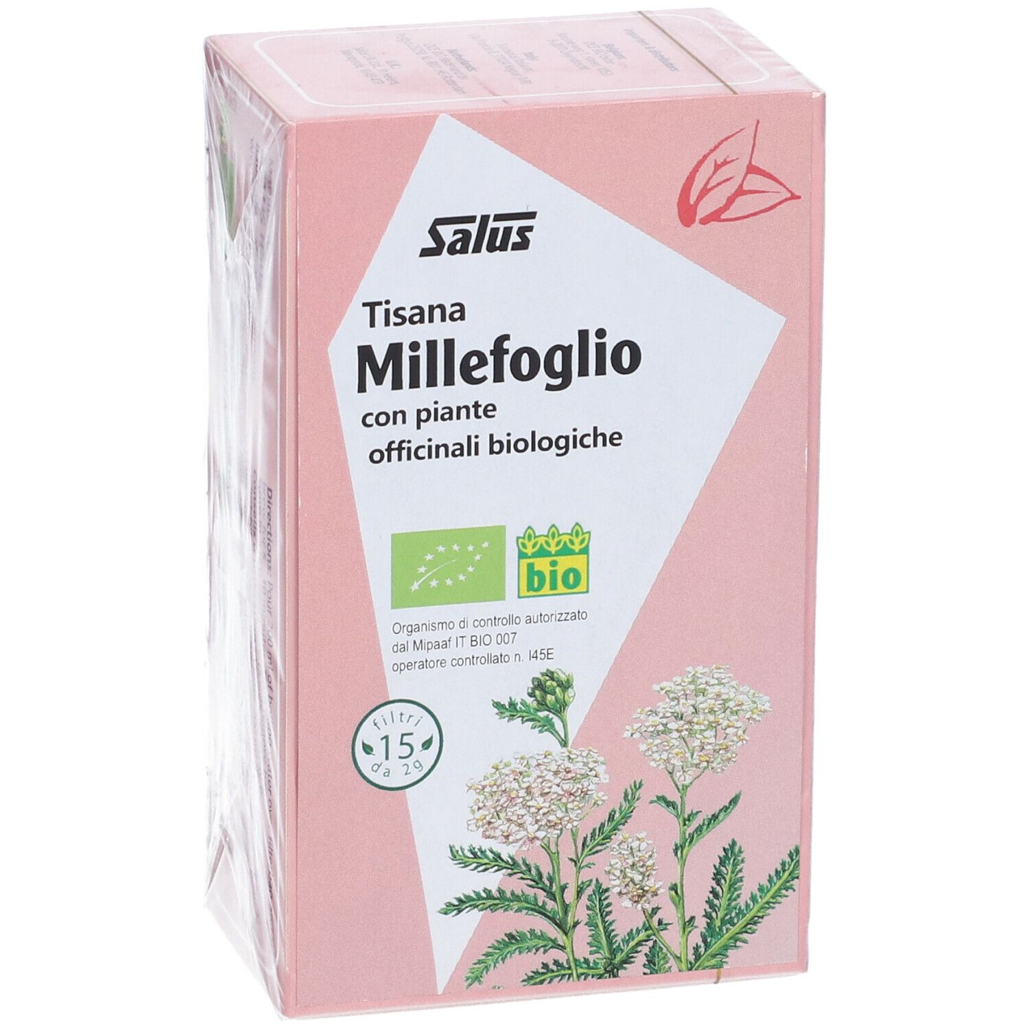 Scatola rosa Salus Tisana Millefoglio. Scritto: con piante officinali biologiche. Certificazione bio. 15 bustine.