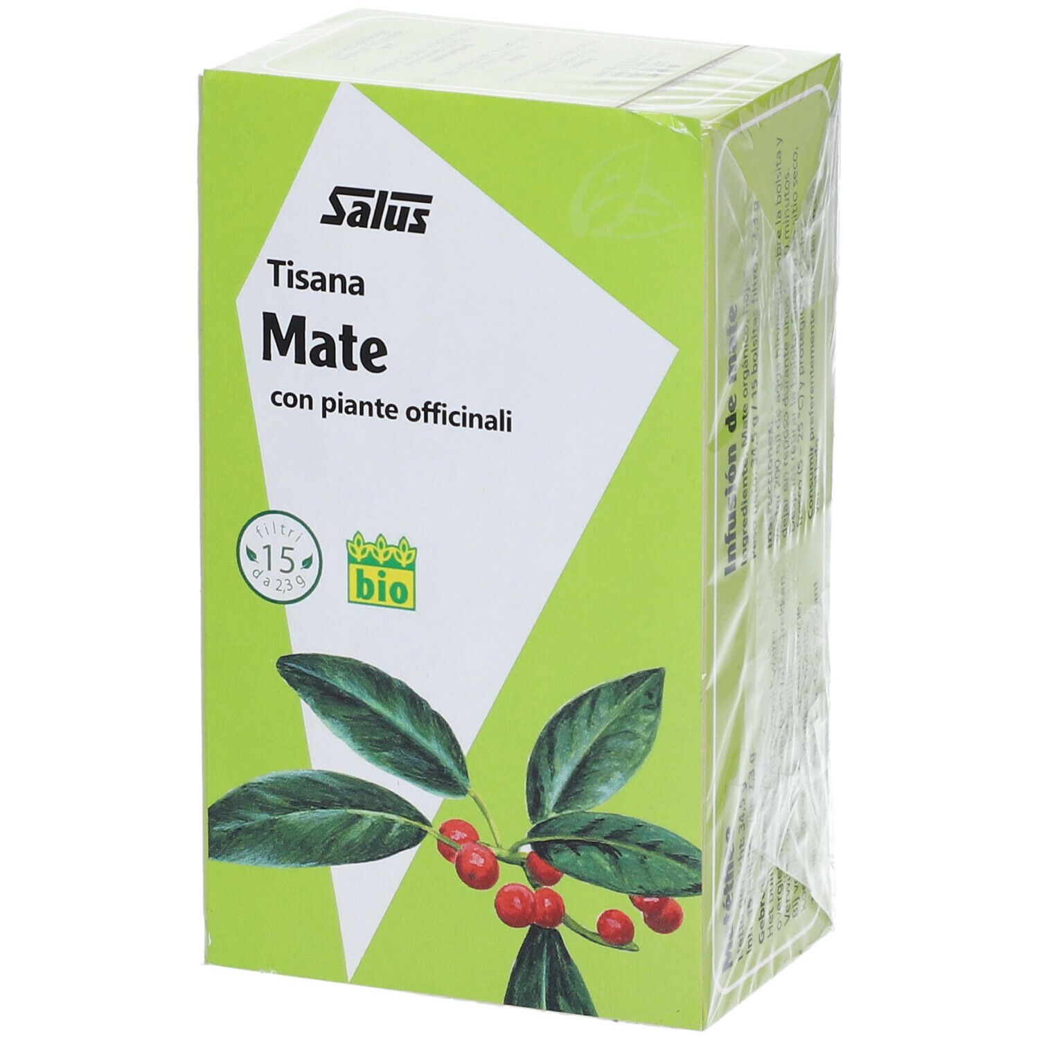 Scatola verde Salus Tisana Mate. Scritto: Mate con piante, 15 bustine, marchio bio. Illustrazione di foglie e bacche rosse.