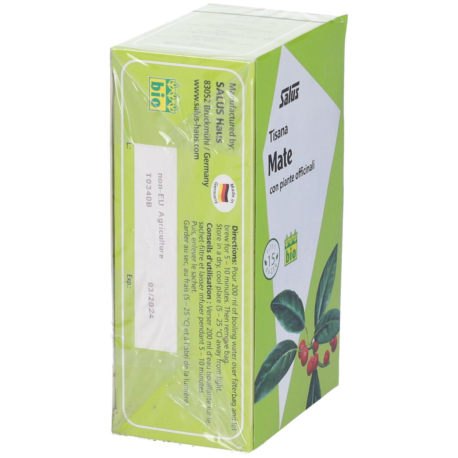 Scatola verde Salus Tisana Mate. Scritto: Mate con piante, 15 bustine, marchio bio. Retro con informazioni produttore e istruzioni.