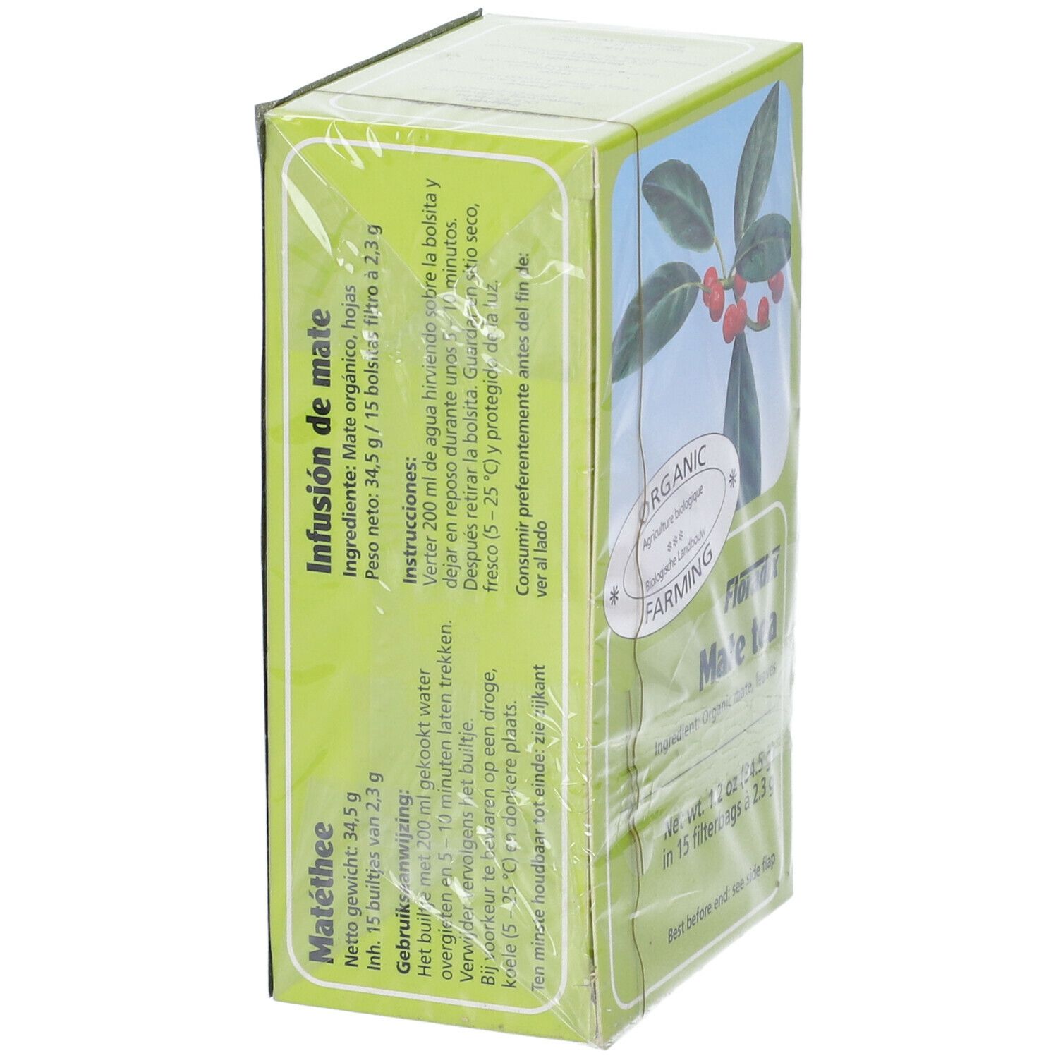 Scatola verde Mate Tea. Scritto: Organic Farming, Mate Tea, 15 bustine filtro. Retro con istruzioni in più lingue.