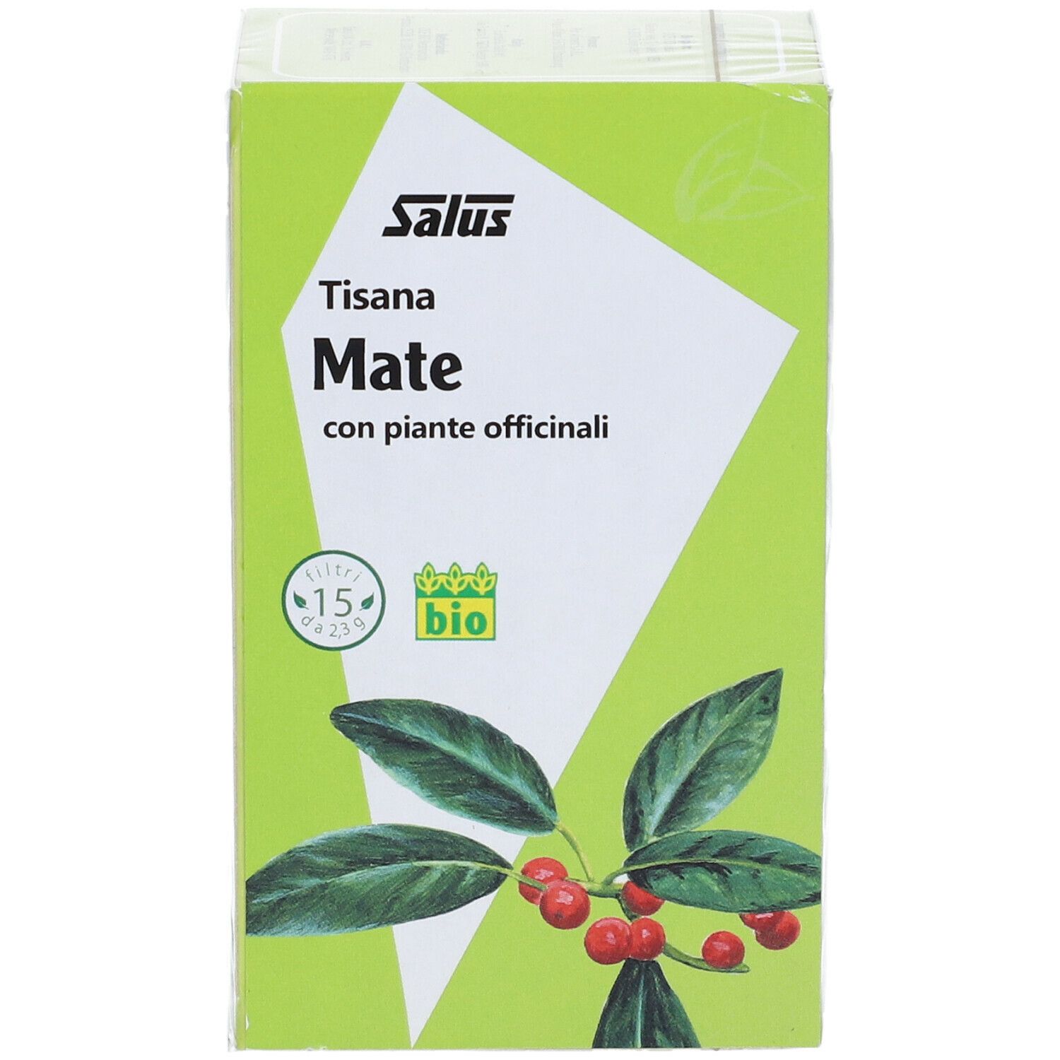 Scatola verde Salus Tisana Mate. Scritto: Mate con piante, 15 bustine, marchio bio. Illustrazione di foglie e bacche rosse.