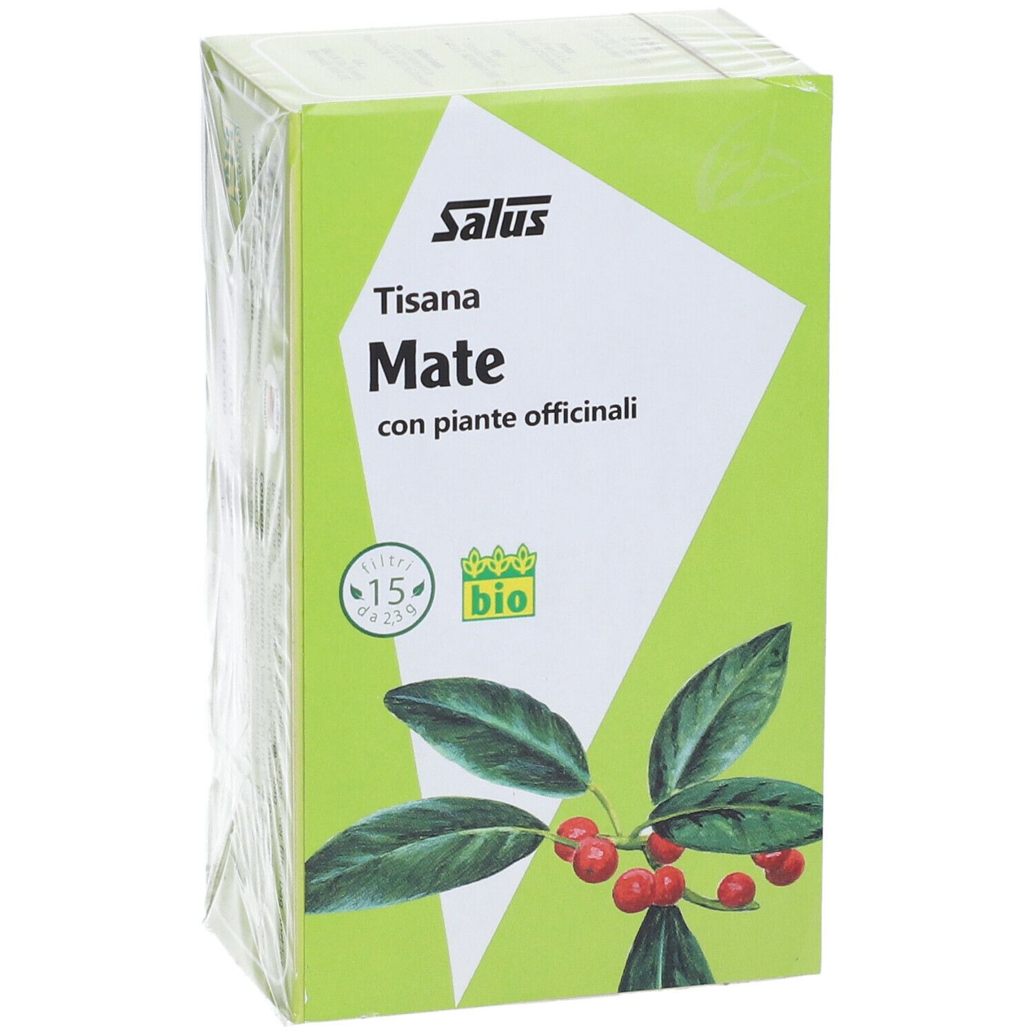 Scatola verde Salus Tisana Mate. Scritto: Mate con piante, 15 bustine, marchio bio. Illustrazione di foglie e bacche rosse.