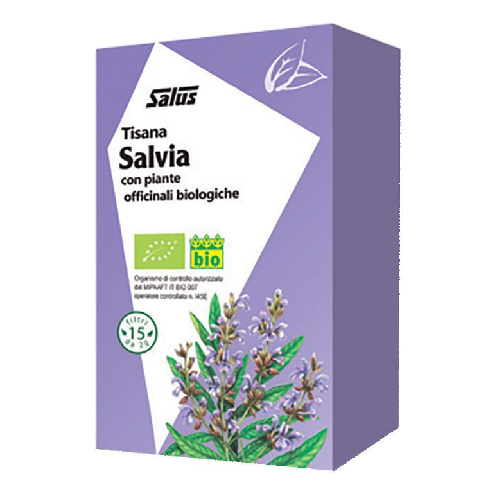 Confezione Salus Tisana Salvia. Scatola viola con testo e illustrazione di salvia. Sigillo bio.