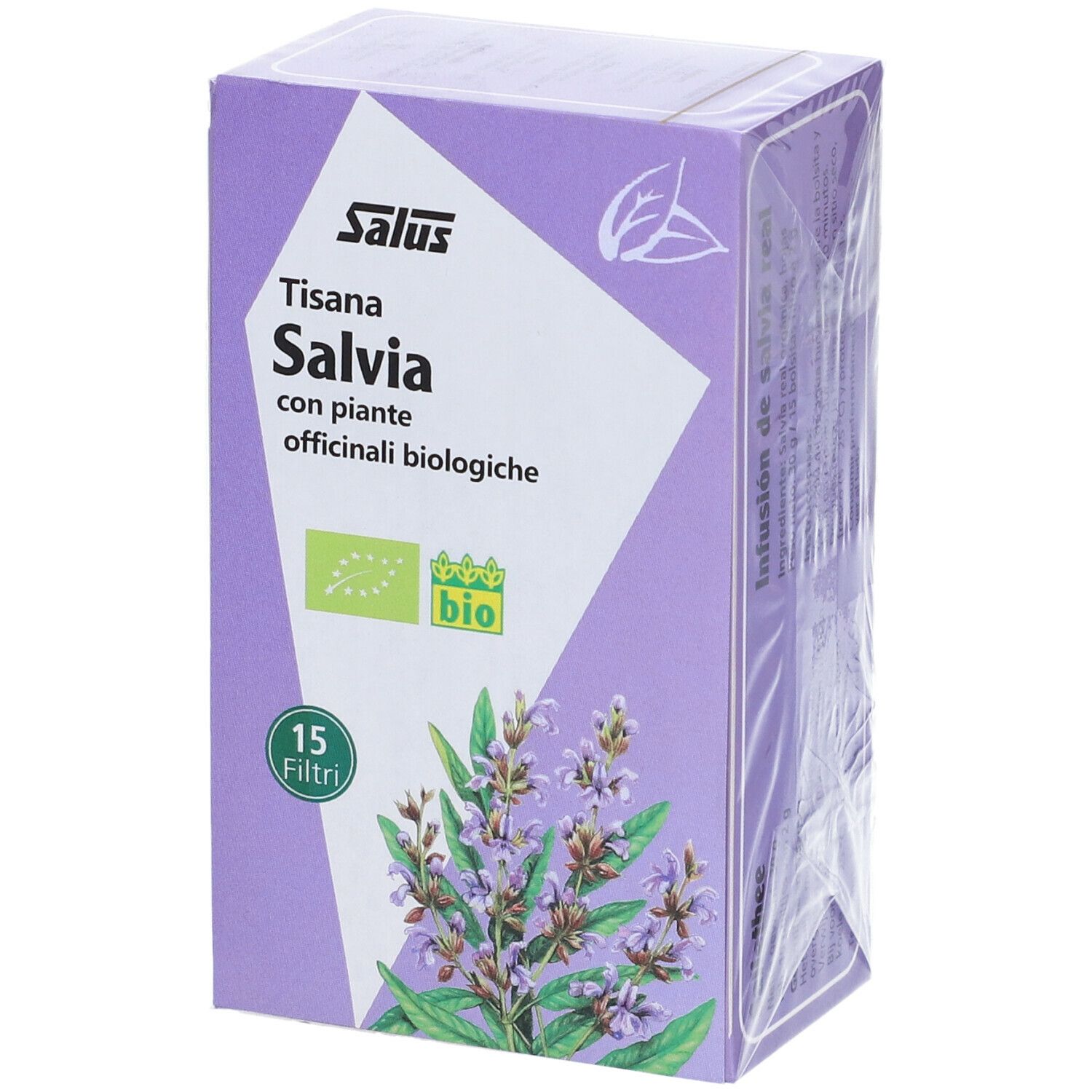 Salus Tisana Salvia confezionato. Scatola viola con testo e salvia. 15 filtri.
