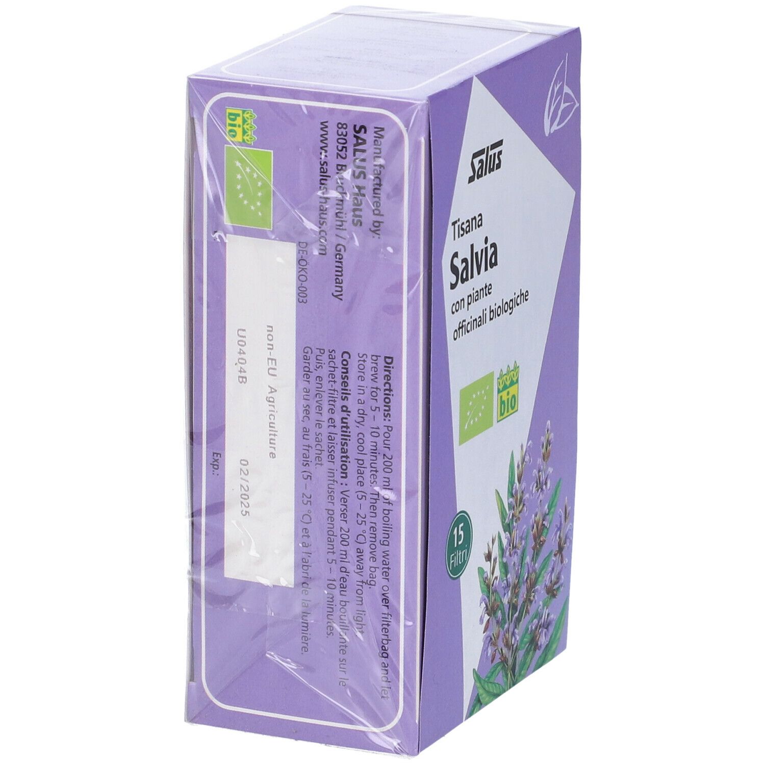 Salus Tisana Salvia confezionato. Retro scatola con testo e sigillo bio. Pellicola trasparente.