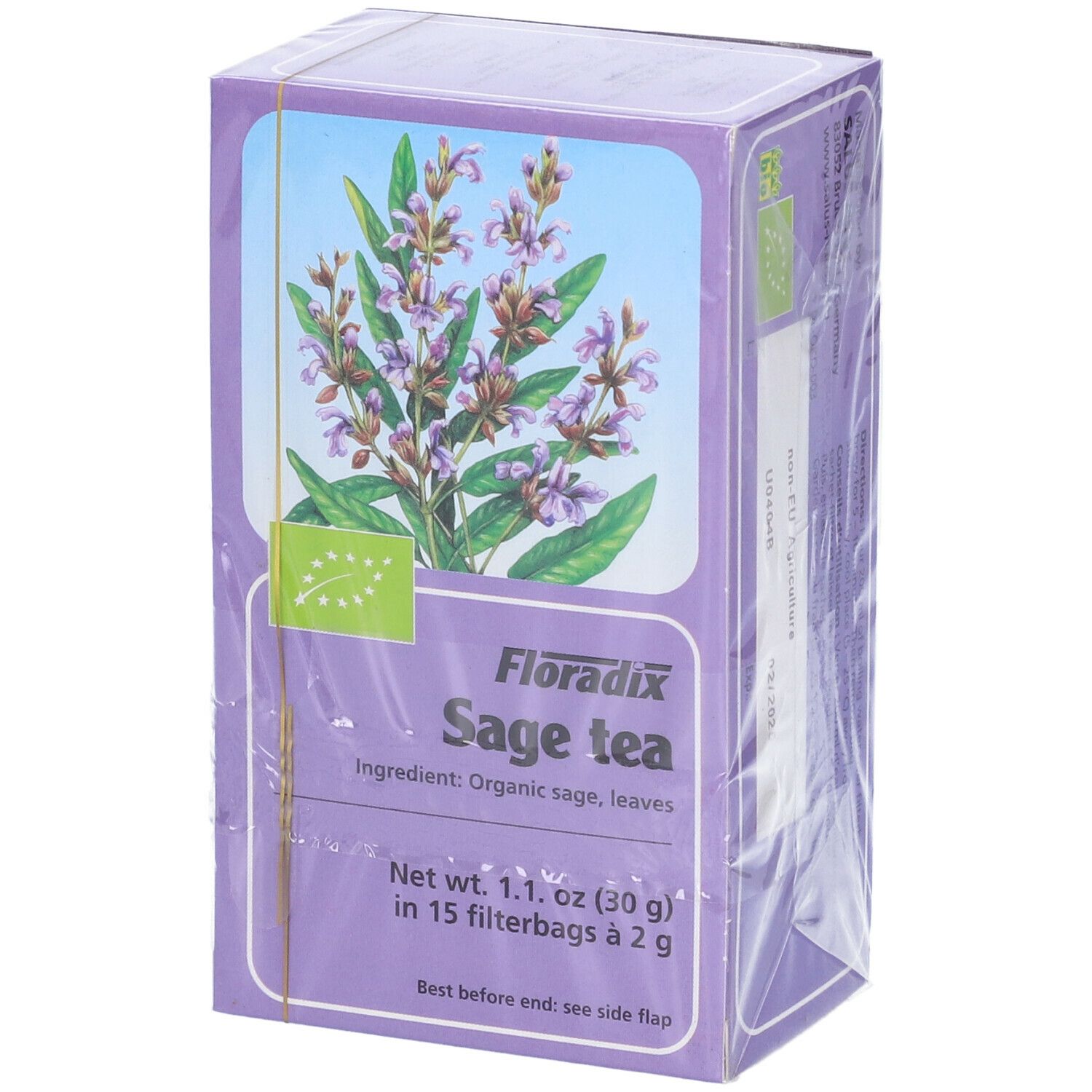 Floradix Sage Tea confezionato. Scatola viola con testo e salvia. 15 filtri.