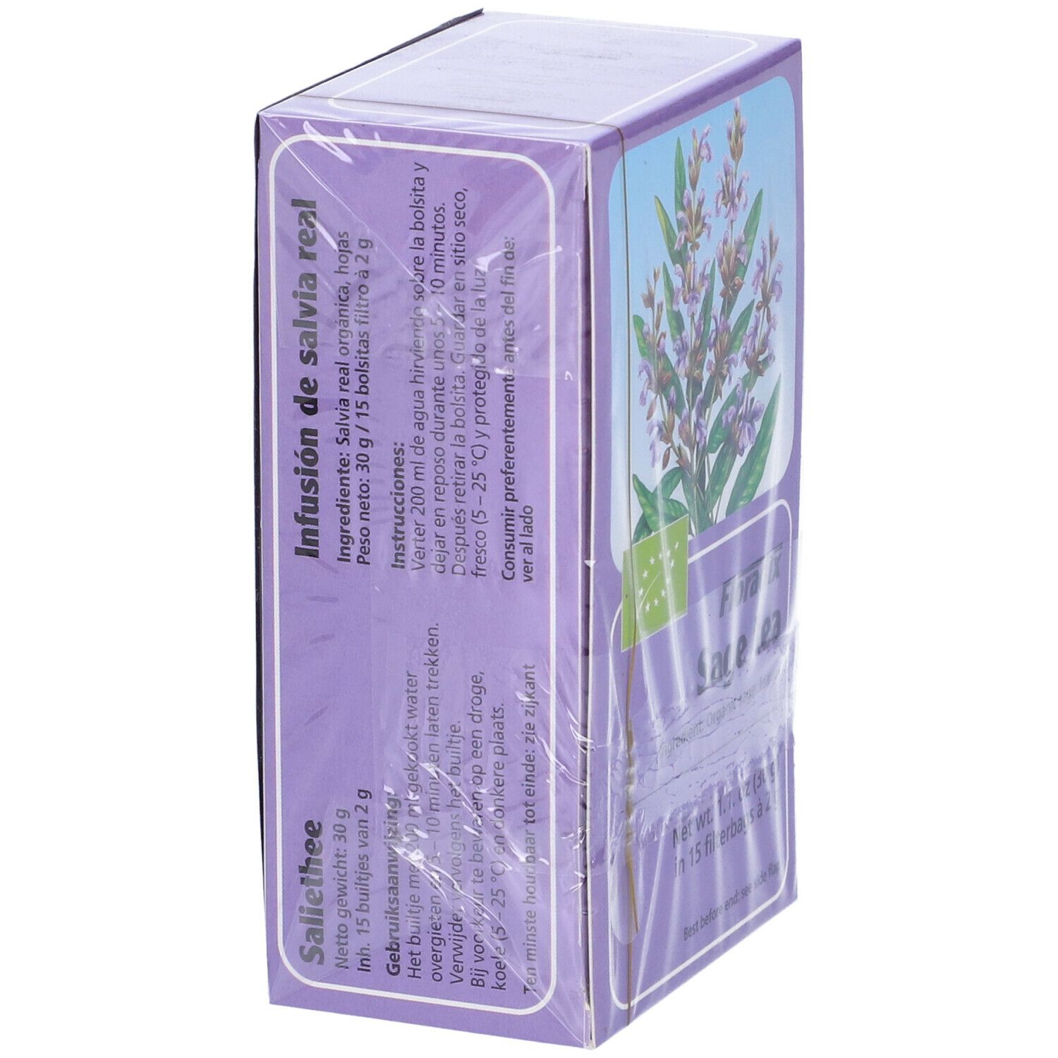 Salicethee confezionato. Retro scatola con testo e sigillo bio. Pellicola trasparente.