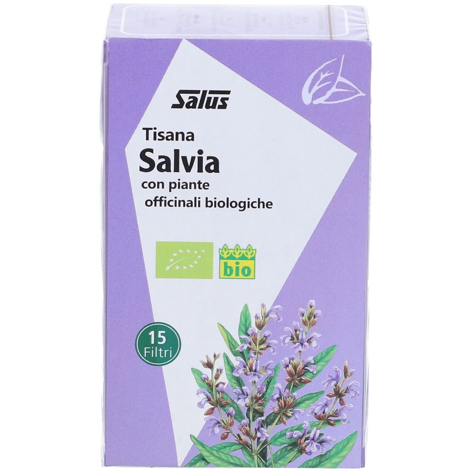 Confezione Salus Tisana Salvia. Scatola viola con testo e illustrazione di salvia. Sigillo bio.