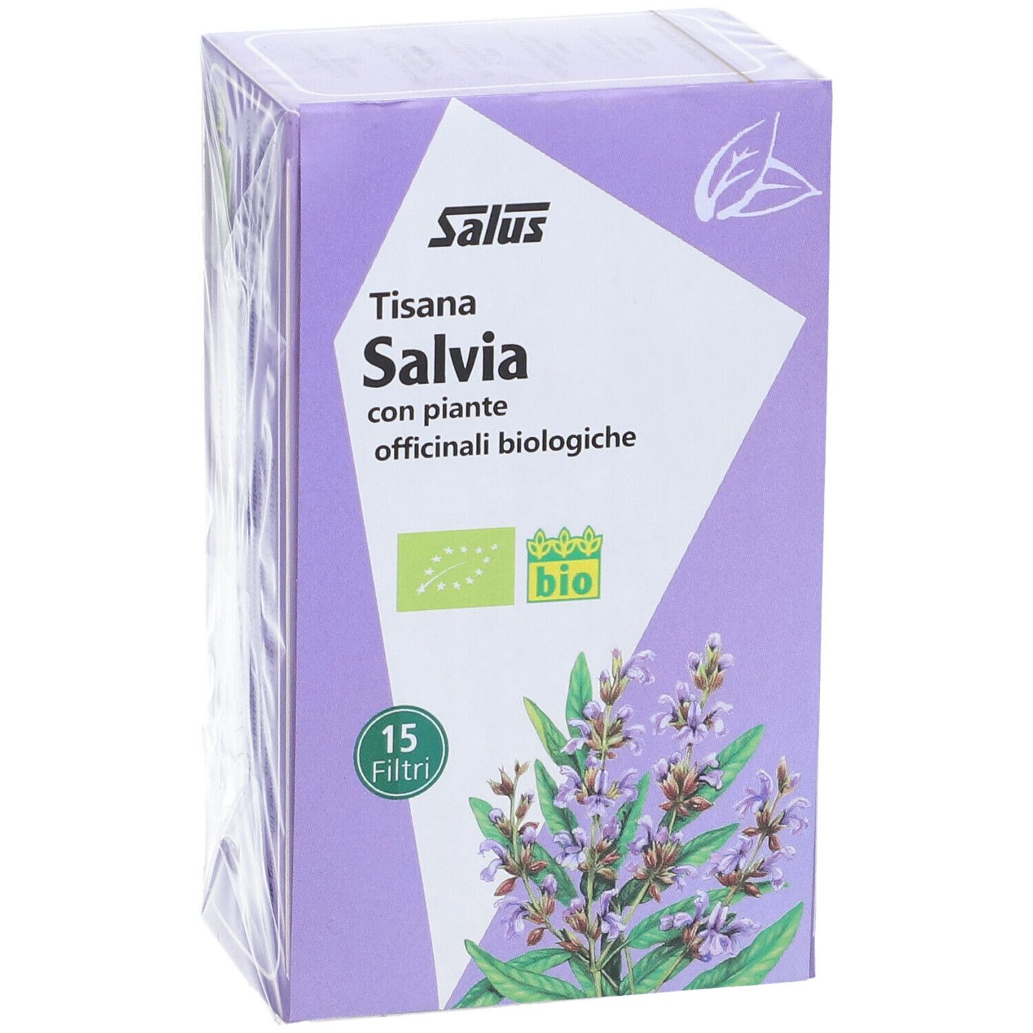Salus Tisana Salvia confezionato. Scatola viola con testo e salvia. 15 filtri.