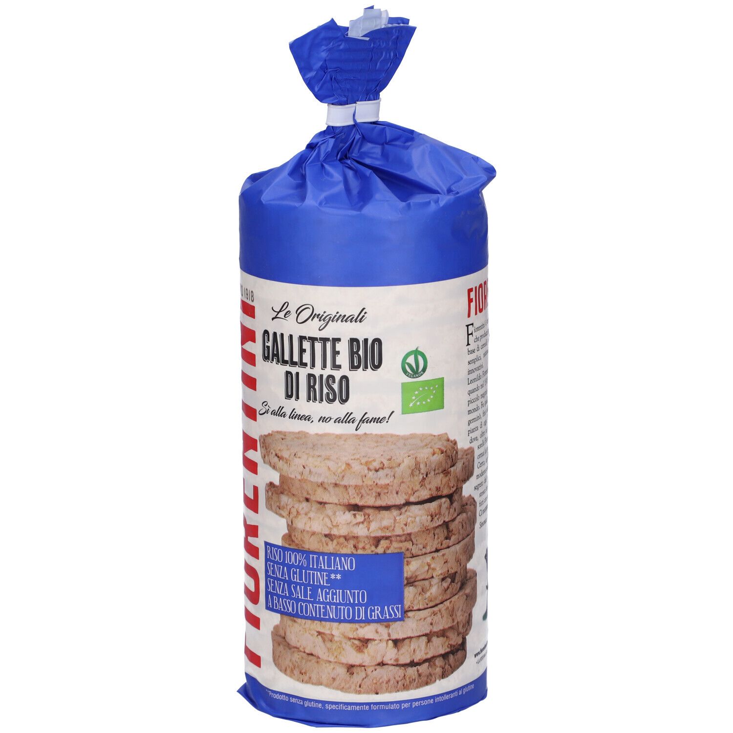 Confezione di gallette di riso. Imballaggio blu e bianco con informazioni sul prodotto. Pila di gallette di riso visibile.
